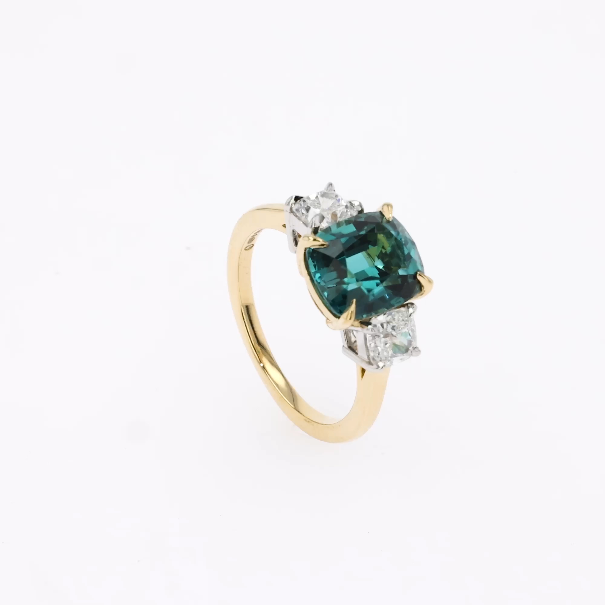 Cushion Cut 3.52ct Namibian Lagoon Tourmaline and Diamond Three Stone Ring in 18ct Yellow Gold and Platinum