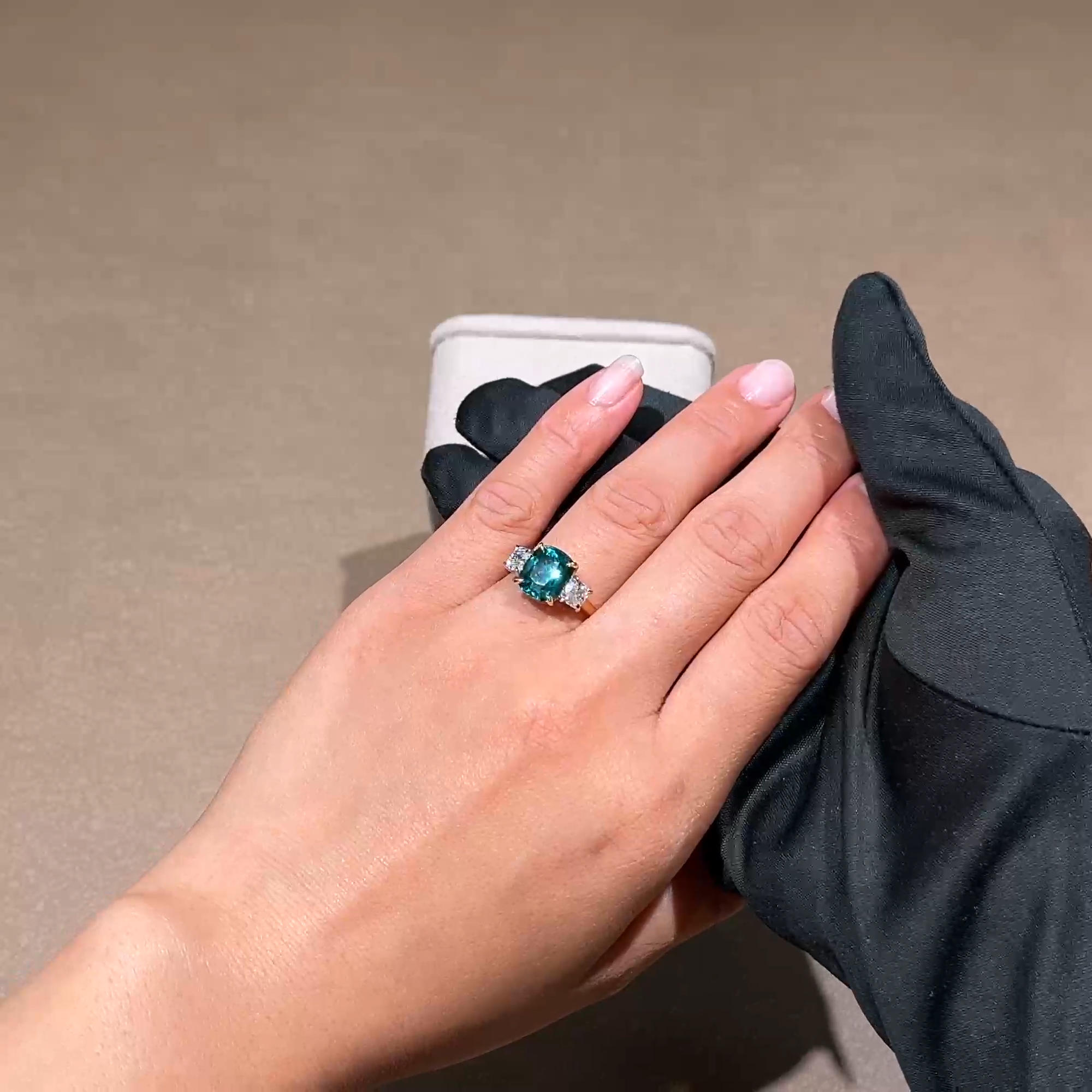 Cushion Cut 3.52ct Namibian Lagoon Tourmaline and Diamond Three Stone Ring in 18ct Yellow Gold and Platinum