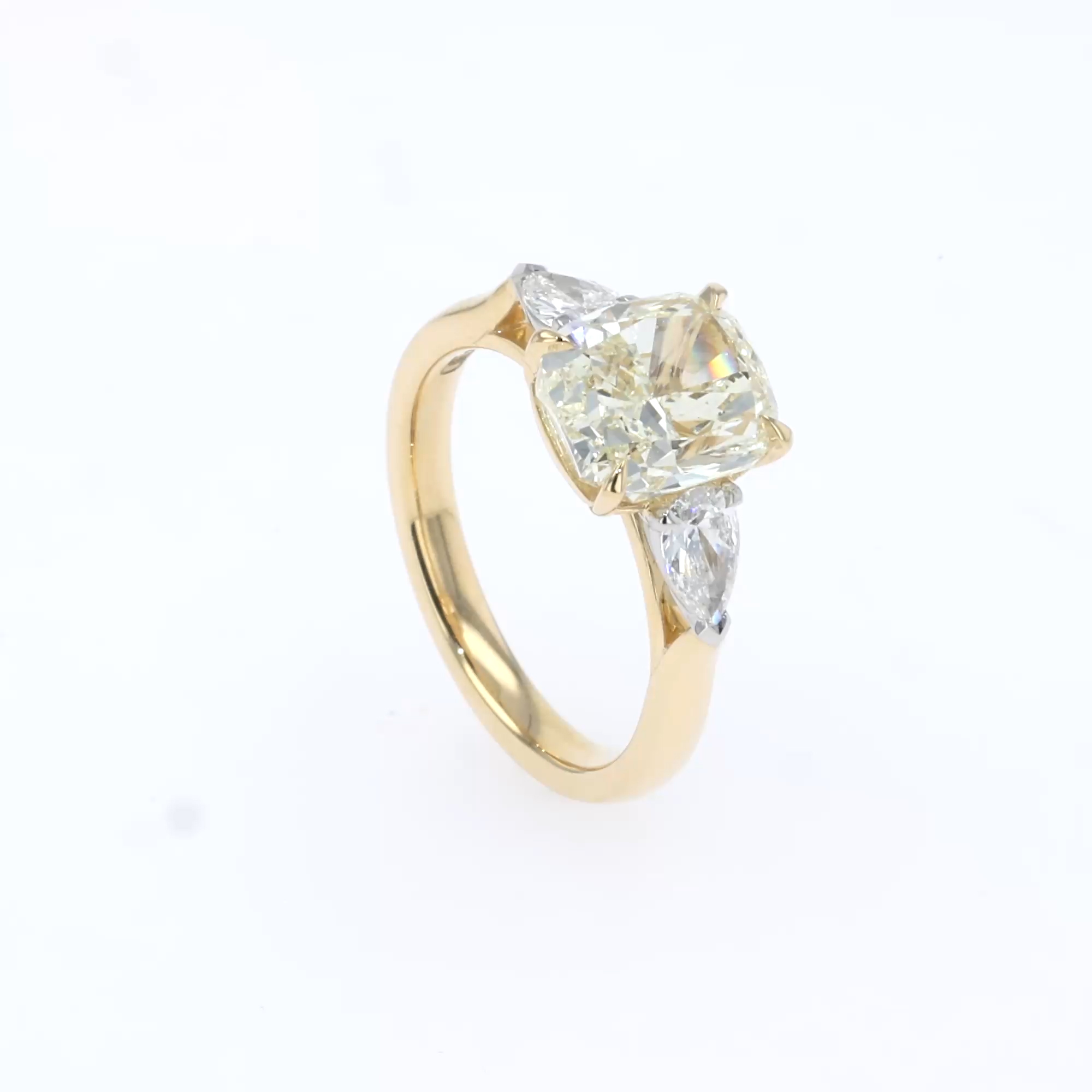 Cushion Cut 3.61ct Diamond Three Stone Ring in 18ct Yellow Gold and Platinum