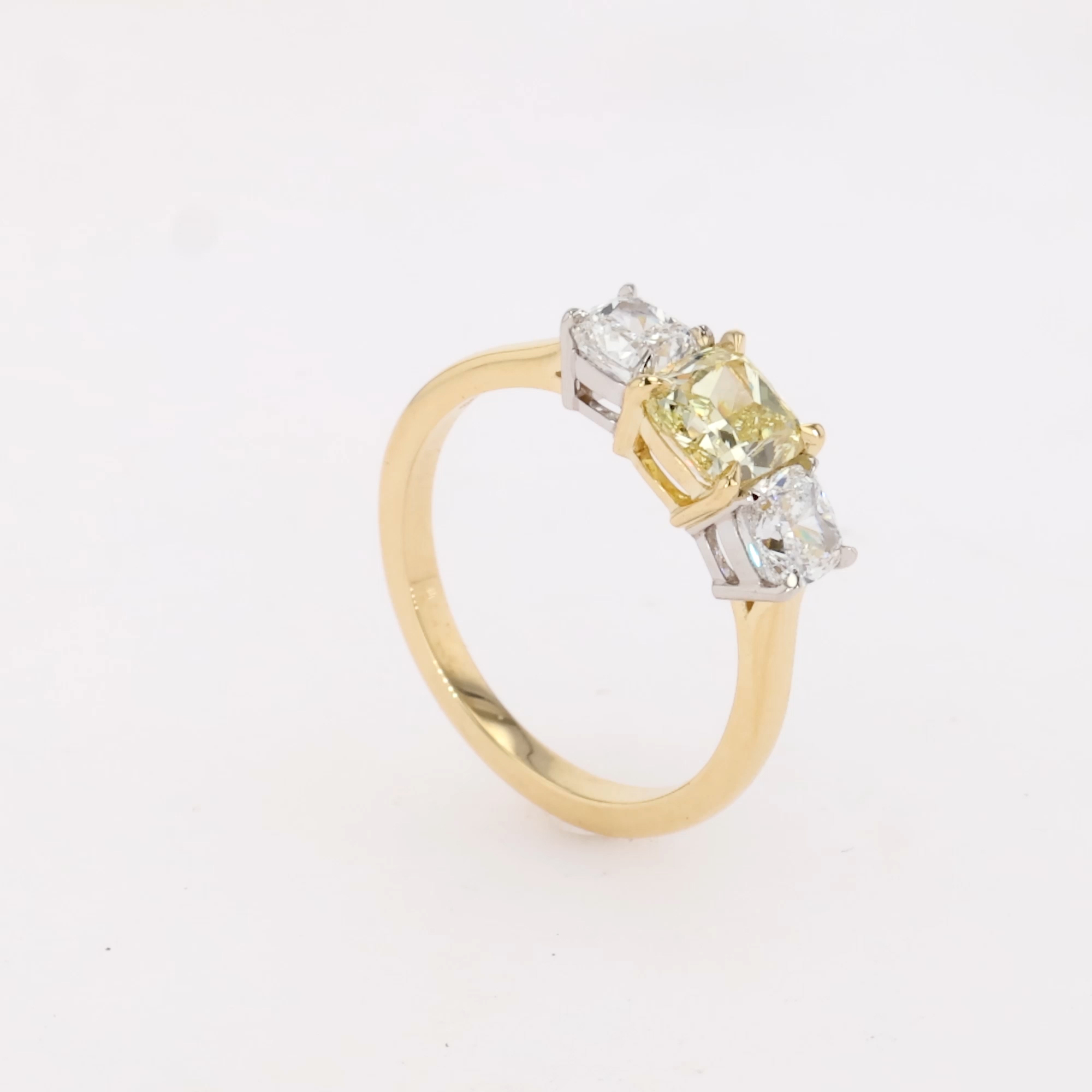 Cushion Cut 1.01ct South African Fancy Yellow Diamond Ring in 18ct Yellow Gold and Platinum