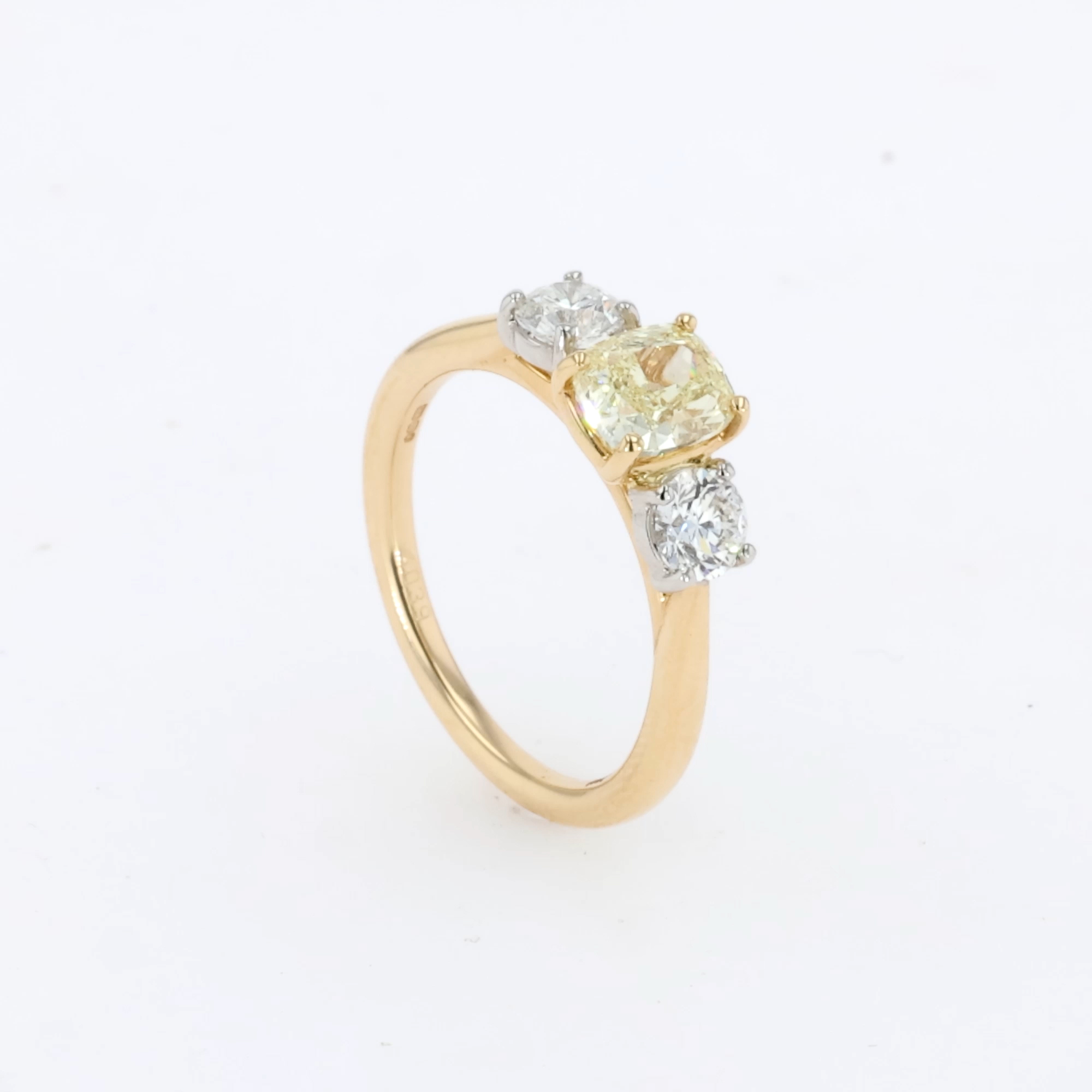 Cushion Cut 1.01ct Fancy Light Yellow Diamond Ring in 18ct Yellow Gold and Platinum
