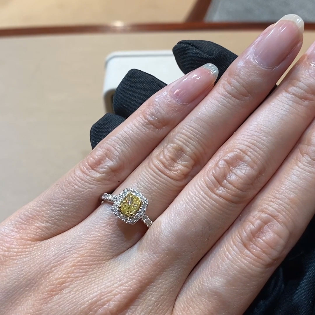 Celestial Cushion Cut 0.79ct Fancy Yellow Diamond Cluster Ring in Platinum and 18ct Yellow Gold