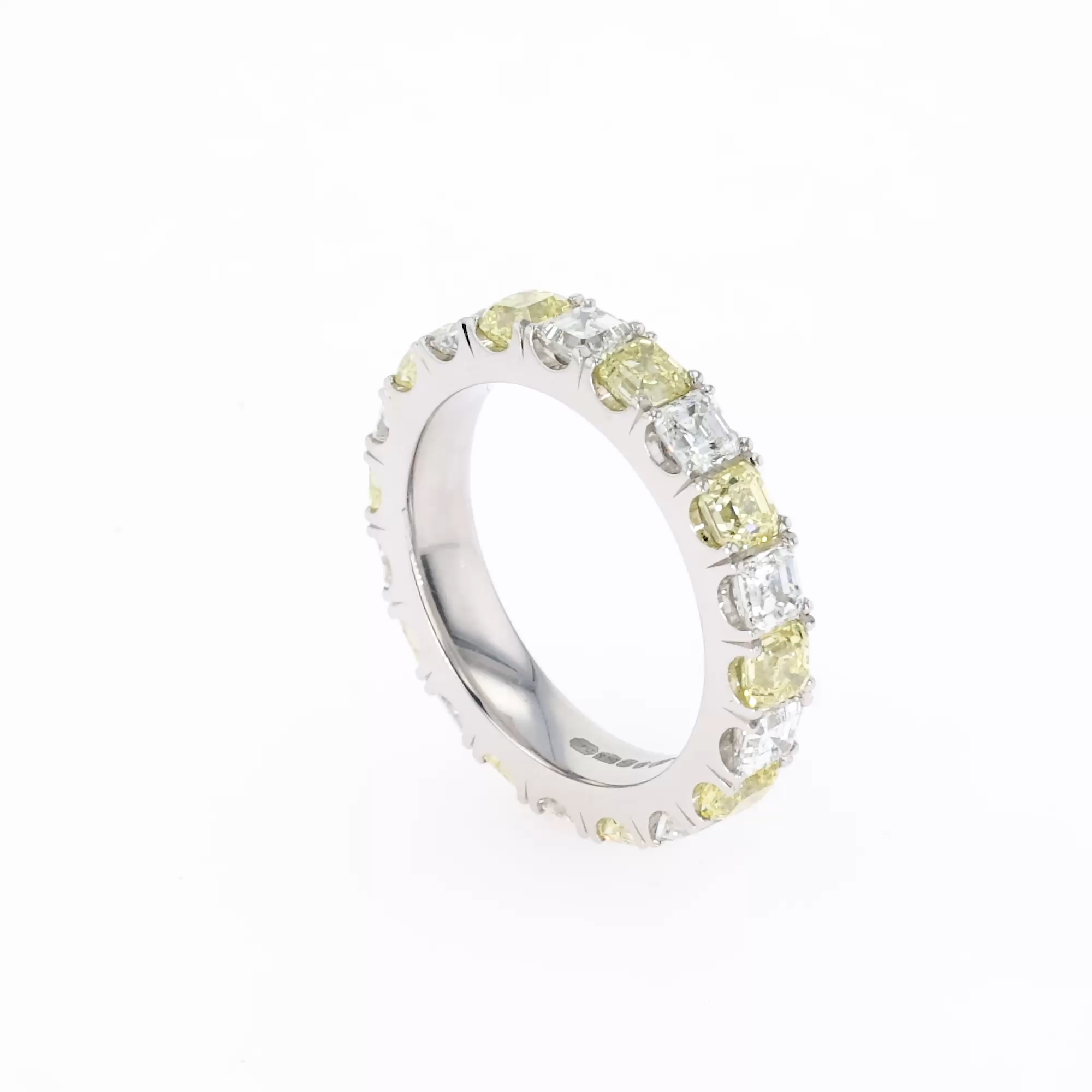 Yellow and White Asscher Cut Diamond Full Eternity Ring 4.64cts in Platinum