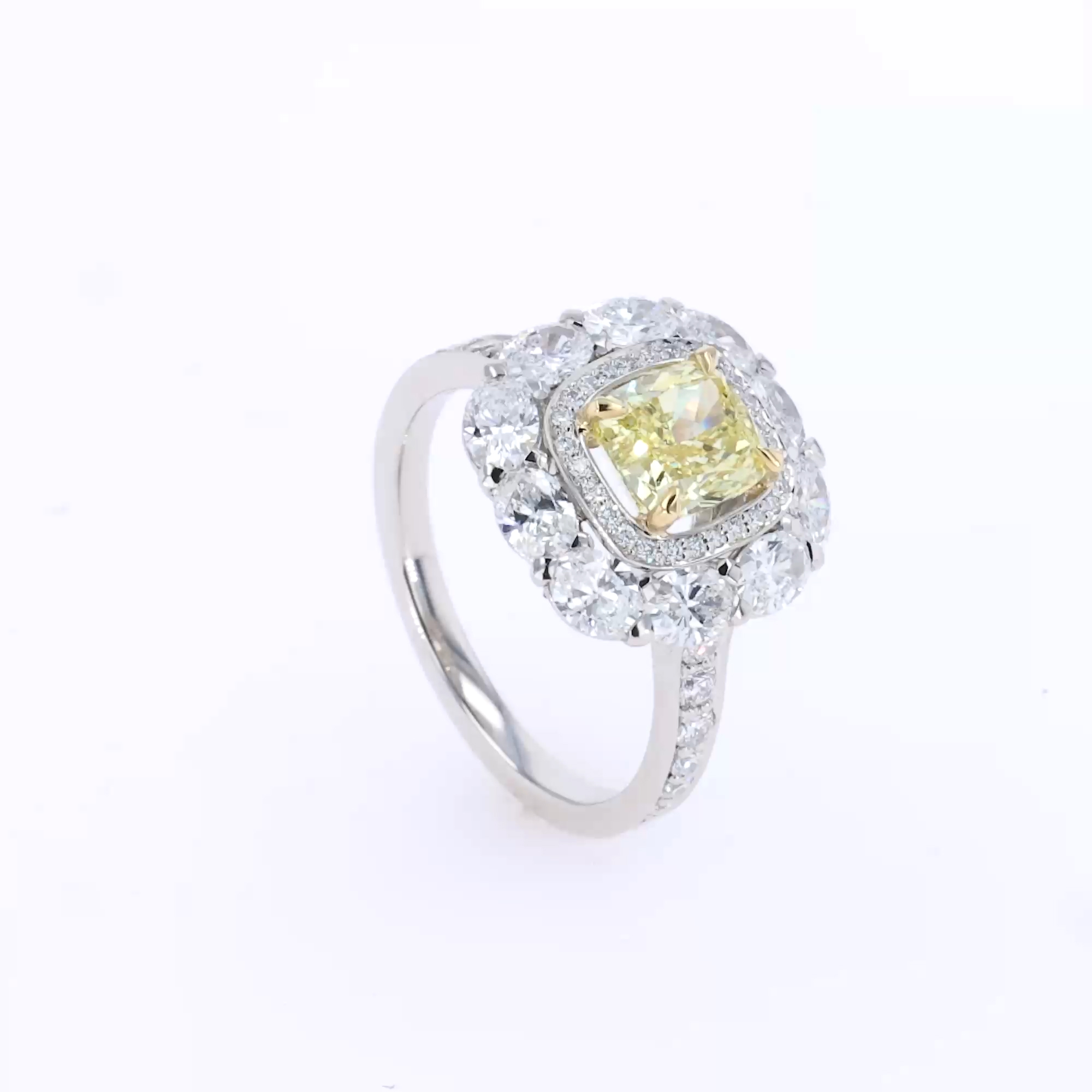 Cushion Cut 1.27ct Fancy Intense Yellow Diamond Cluster Ring in Platinum