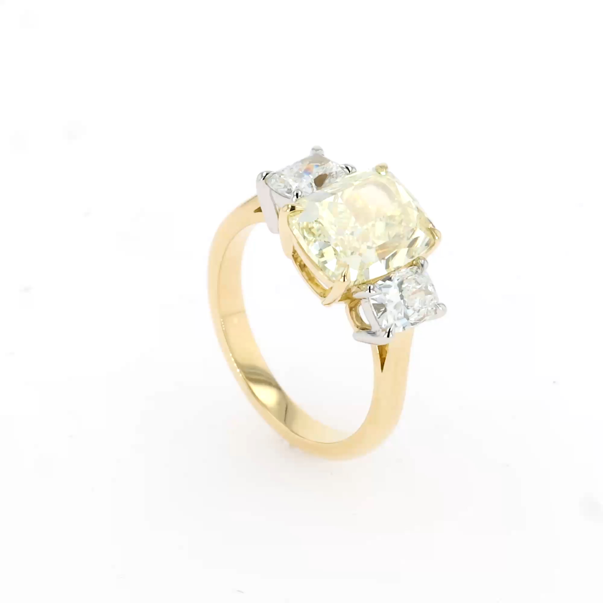 Cushion Cut 4.20ct Fancy Yellow Diamond Three Stone Ring in 18ct Yellow Gold and Platinum