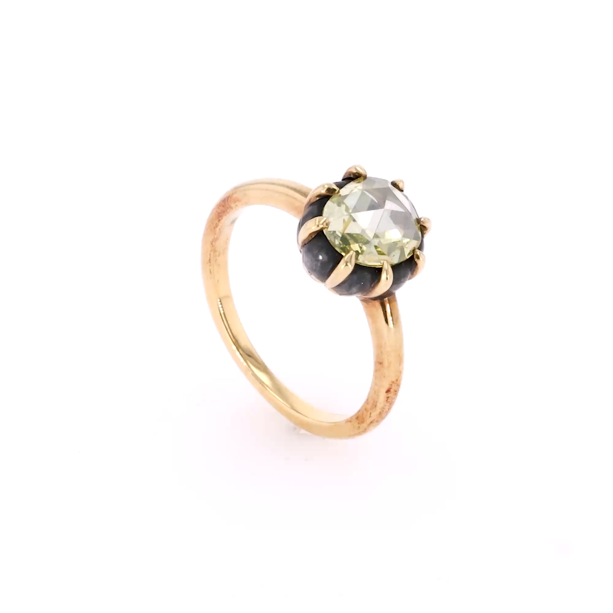 Victorian Rose Cut 0.88ct Fancy Green-Yellow Diamond Ring In 18ct Yellow Gold and Silver
