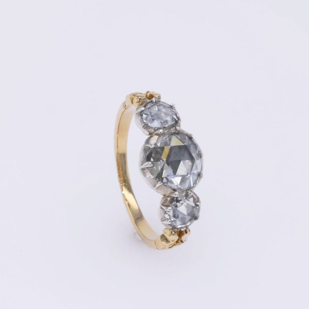 Late Georgian 2.04ct Diamond Three Stone Ring in 18ct Yellow Gold and Silver