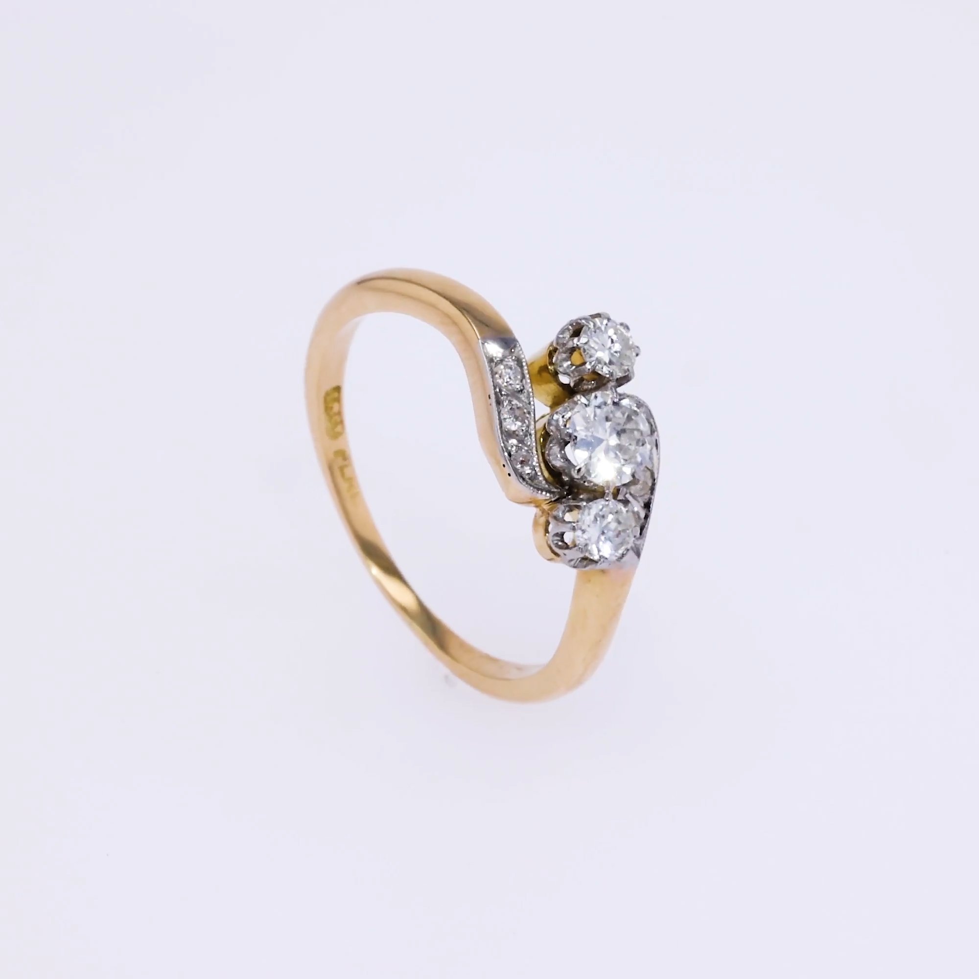 Edwardian Inspired 0.44ct Diamond Three Stone Diagonal Ring in 18ct Yellow Gold and Platinum