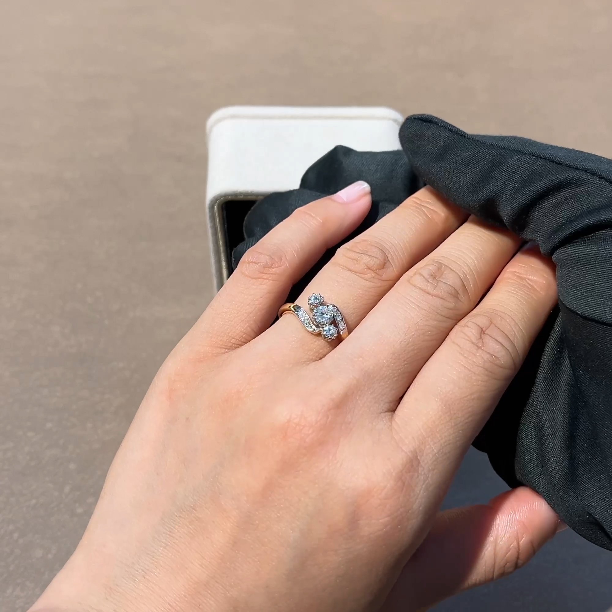 Edwardian Inspired 0.44ct Diamond Three Stone Diagonal Ring in 18ct Yellow Gold and Platinum