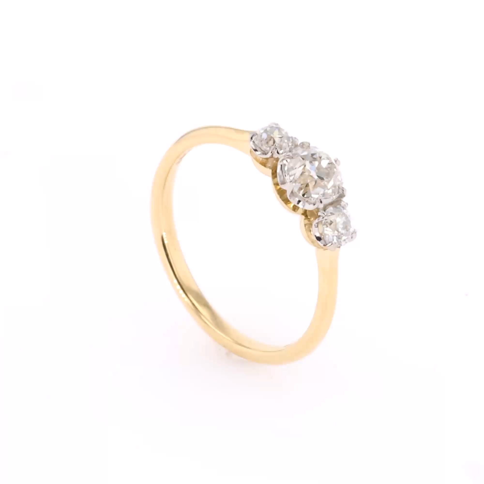Old Cut 1.00ct Diamond Three Stone Ring in 18ct Yellow Gold and Platinum