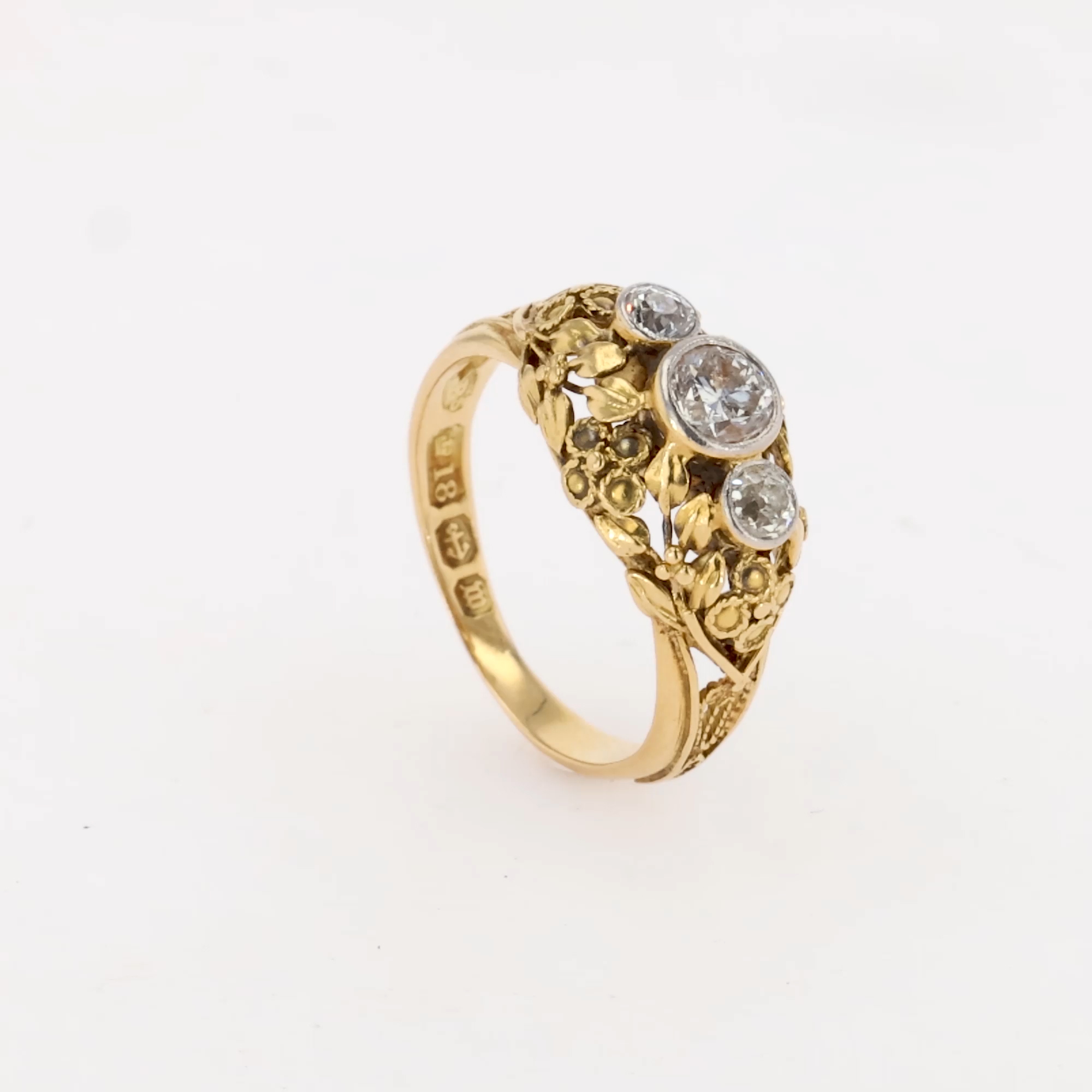 Art Nouveau Old Cut Diamond Three Stone Ring in 18ct Yellow Gold