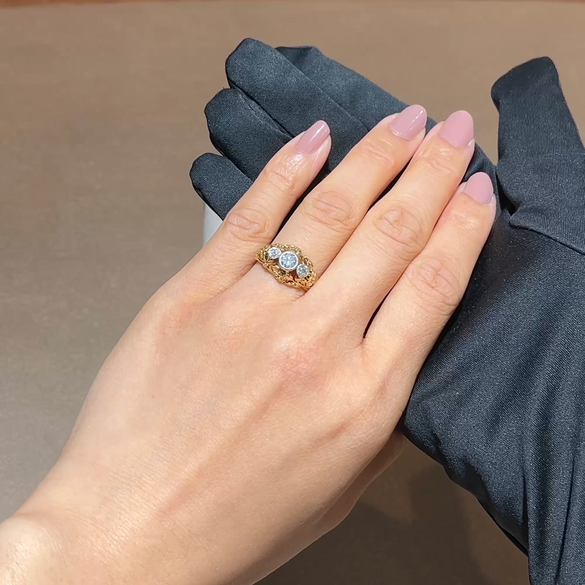 Art Nouveau Old Cut Natural Diamond Three Stone Ring in 18ct Yellow Gold