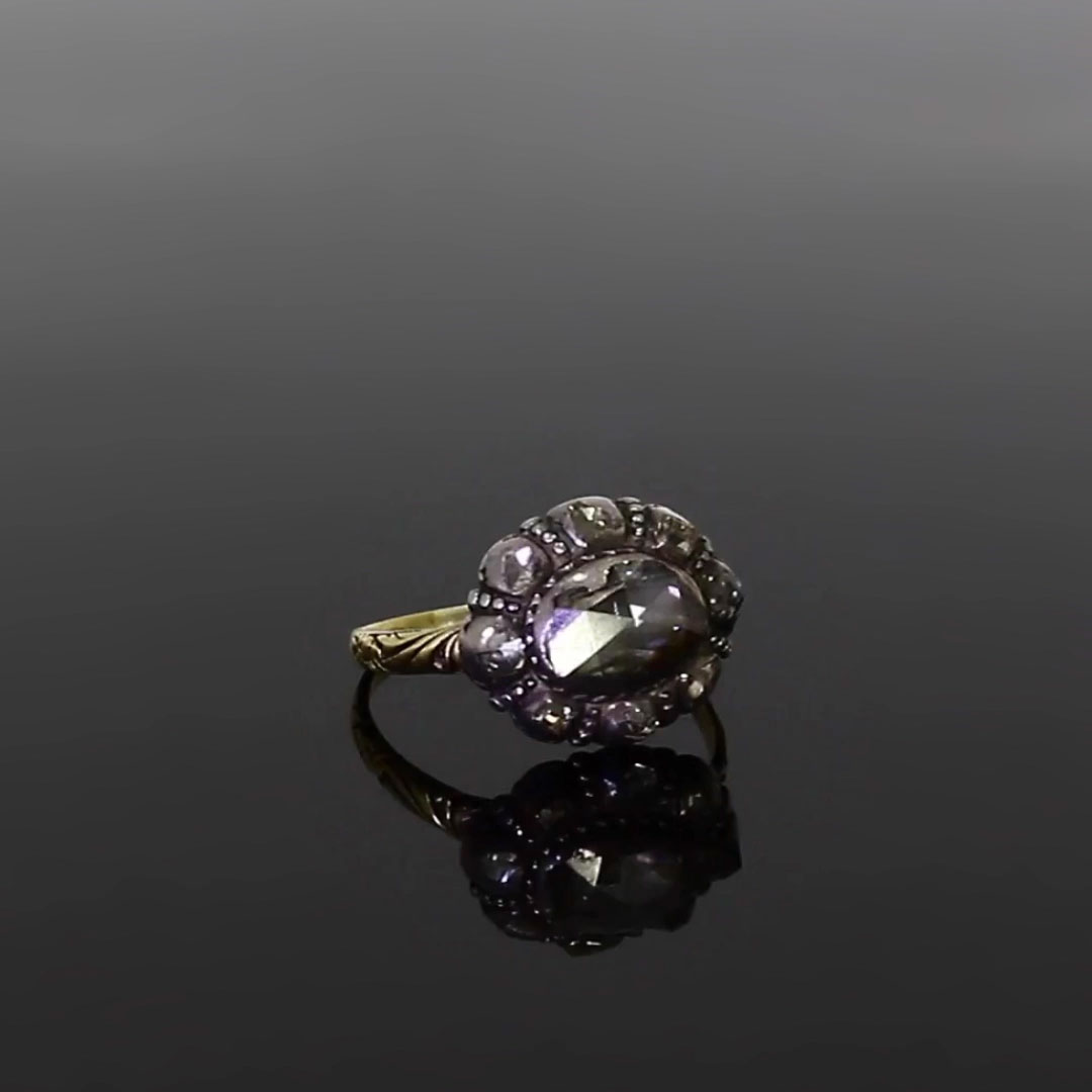 Georgian Oval Rose cut Diamond Cluster Ring in 18ct Yellow Gold and Silver