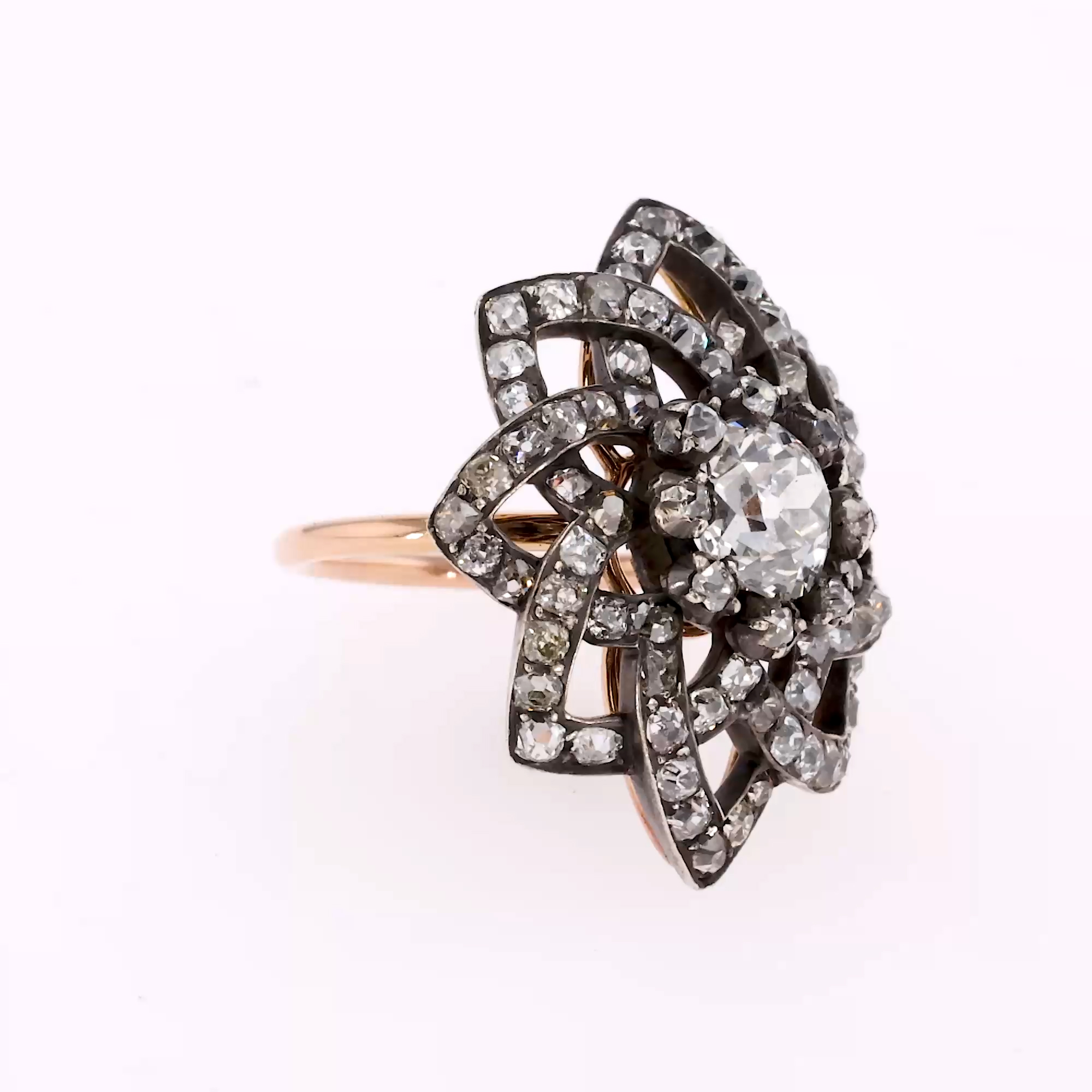 Victorian Old Cut 1.65ct Diamond Rosette Cluster Ring in Silver and 18ct Rose Gold