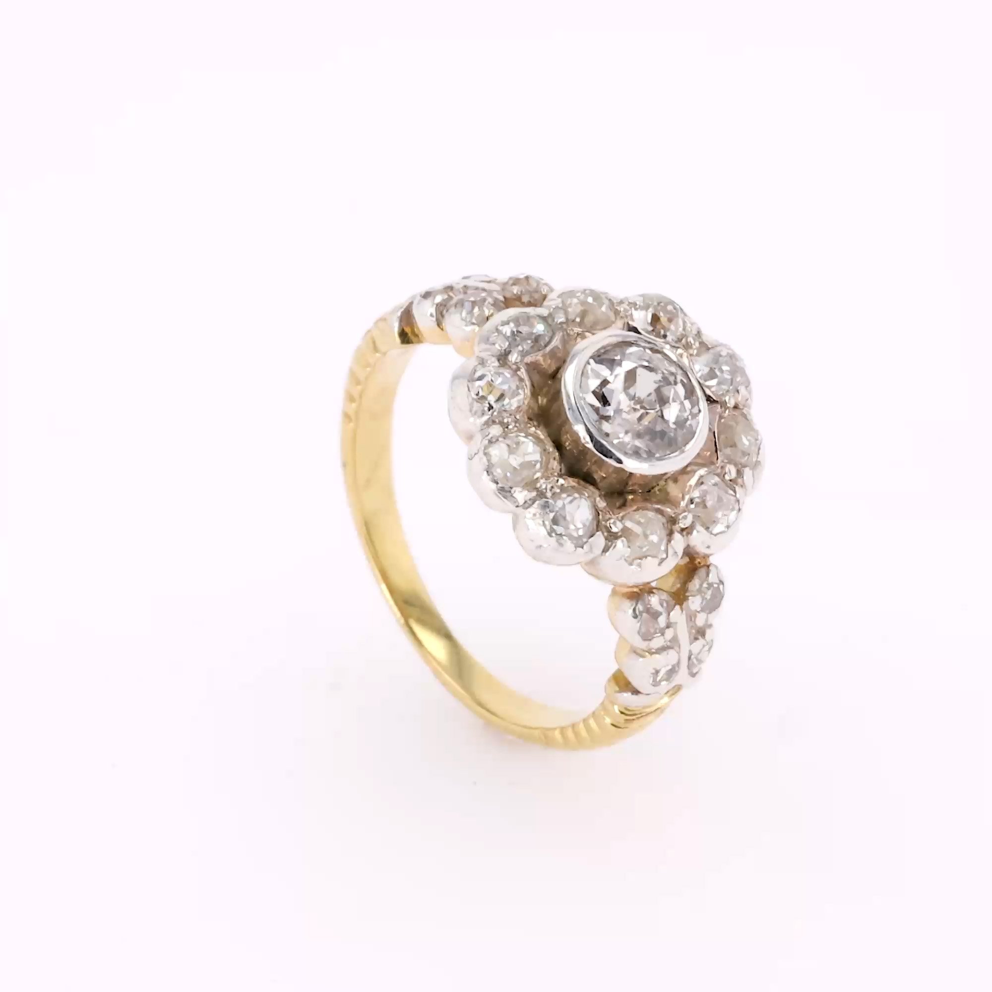 Old Cut 1.80ct Diamond Floral Cluster Ring in 18ct Yellow Gold and Silver