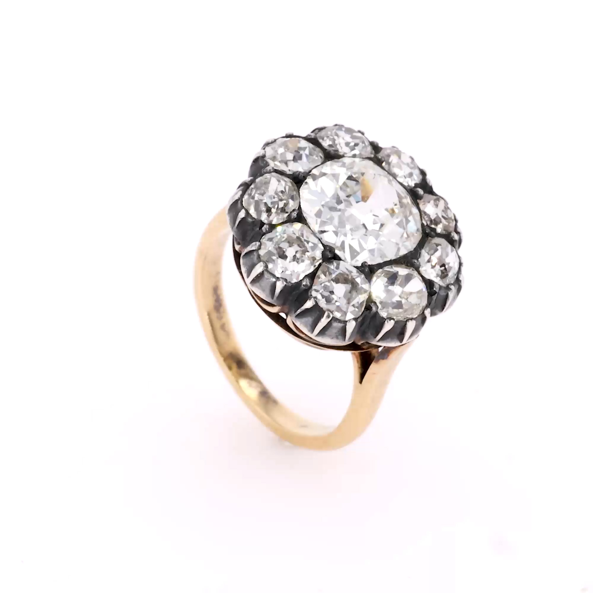 Victorian Antique Cushion Cut 3.14ct Diamond Ring In Silver and Yellow Gold