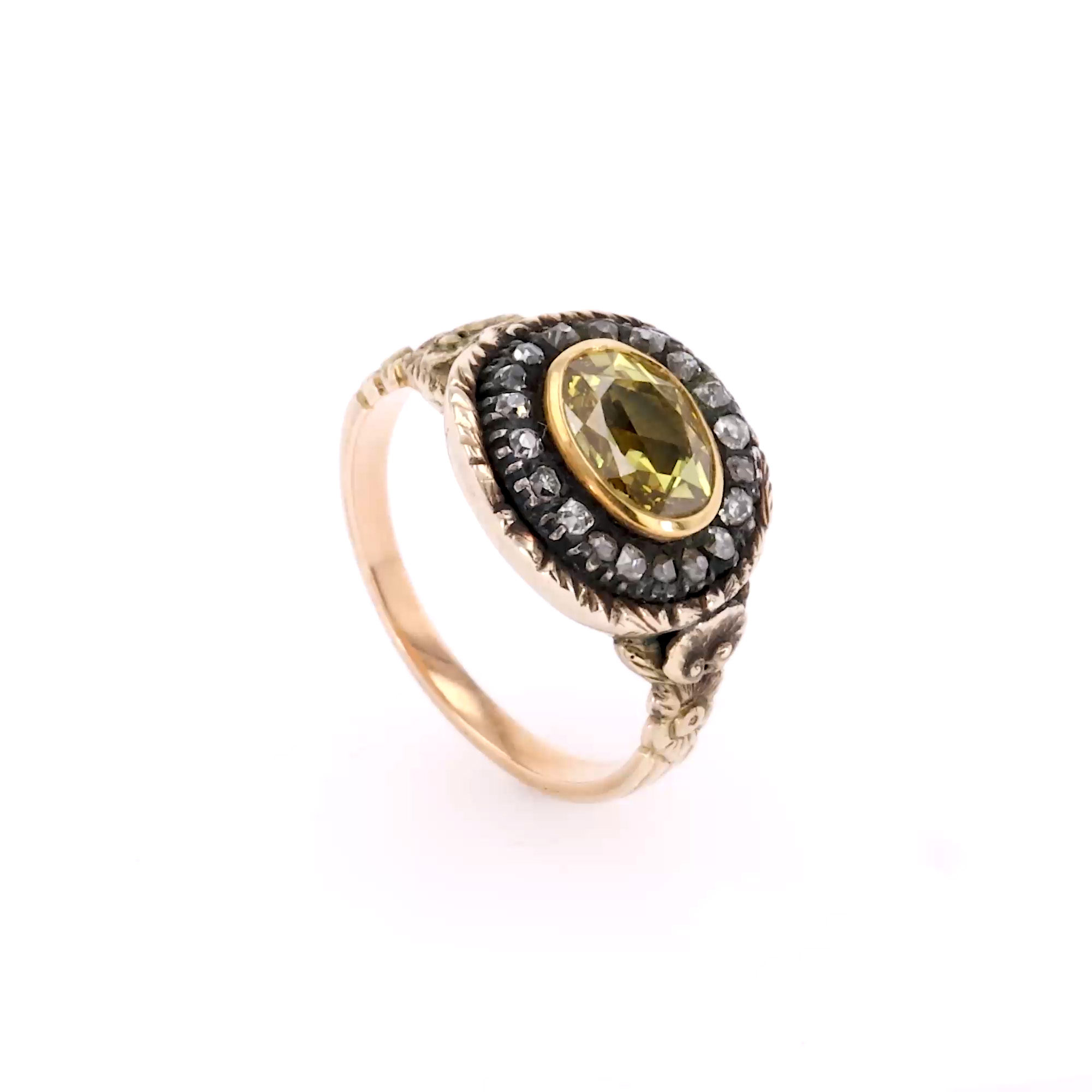 Georgian Oval Cut Yellow Diamond Cluster Ring in Yellow Gold & Silver