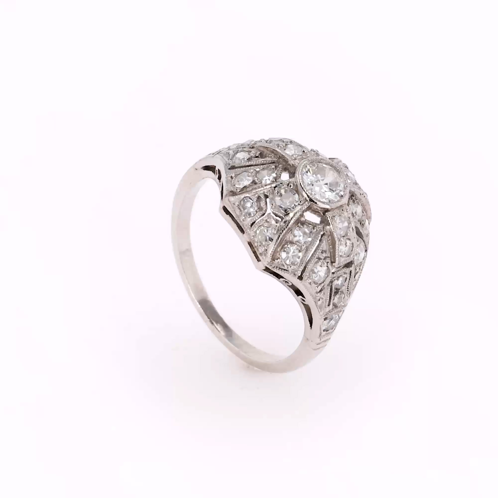 Edwardian Old European Cut Diamond Openwork Ring in Platinum