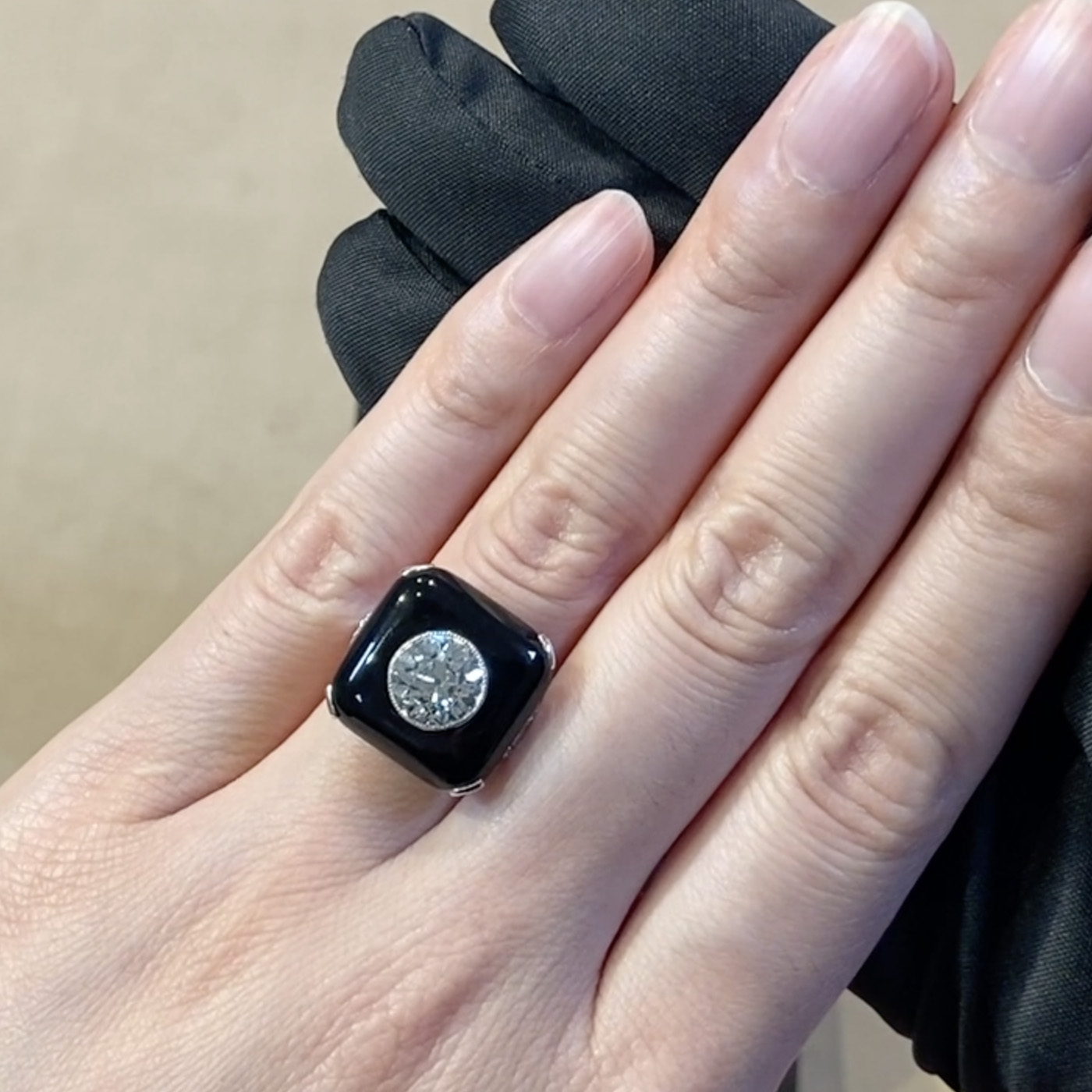 Art Deco 2.05ct Onyx and Diamond Plaque Ring in Platinum