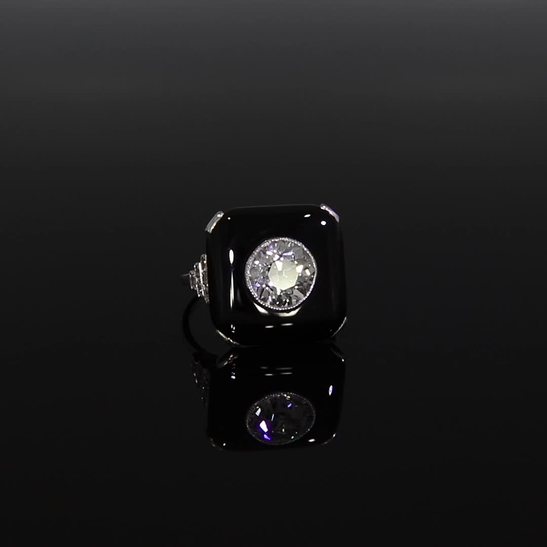 Art Deco 2.05ct Onyx and Diamond Plaque Ring in Platinum