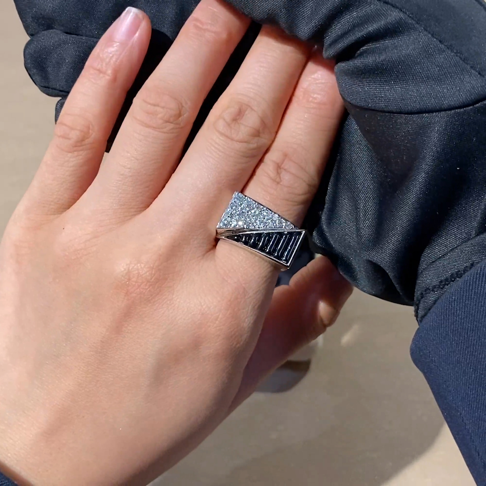 Art Deco Triangular Diamond & Moulded Glass Dress Ring 0.59ct in Platinum