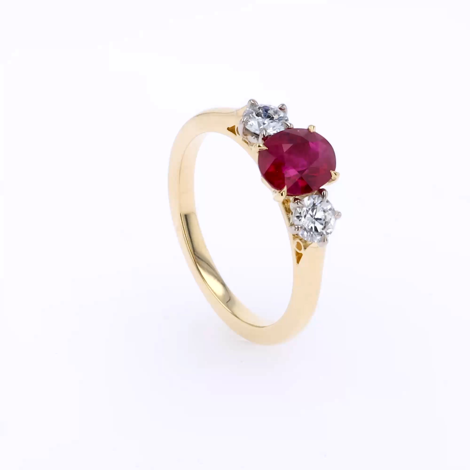 Oval Cut 1.28ct Ruby and Diamond Three Stone Ring in 18ct Yellow Gold