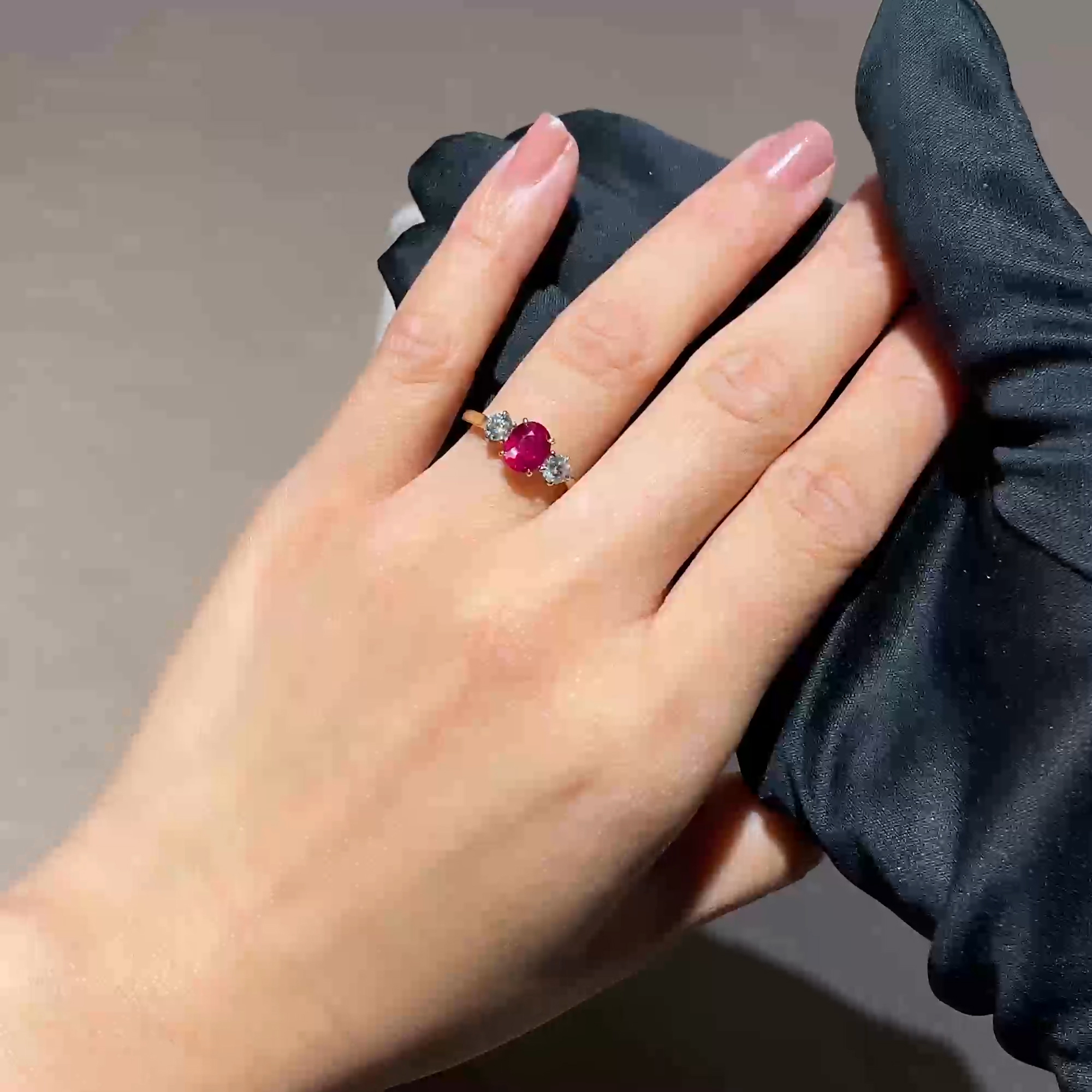 Oval Cut 1.28ct Ruby and Diamond Three Stone Ring in 18ct Yellow Gold