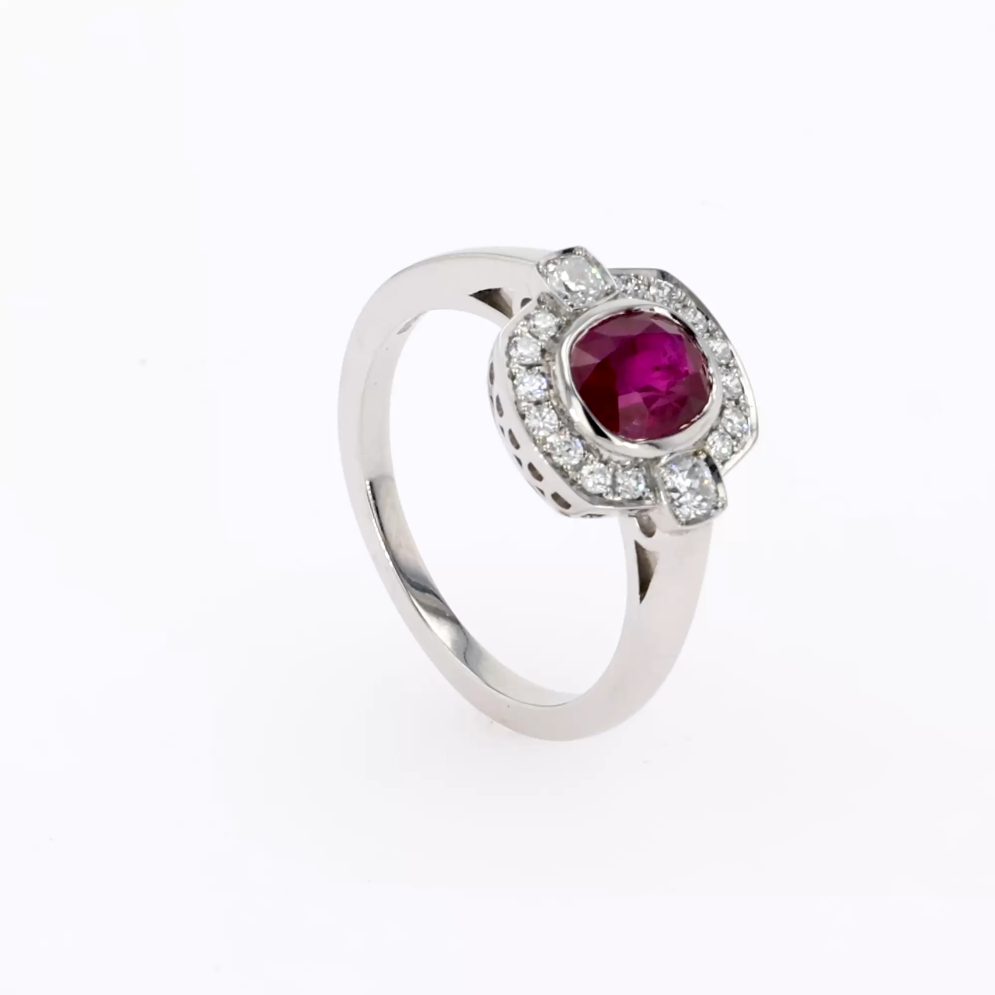 Cushion Cut 1.31ct Ruby and Diamond Cluster Ring in Platinum