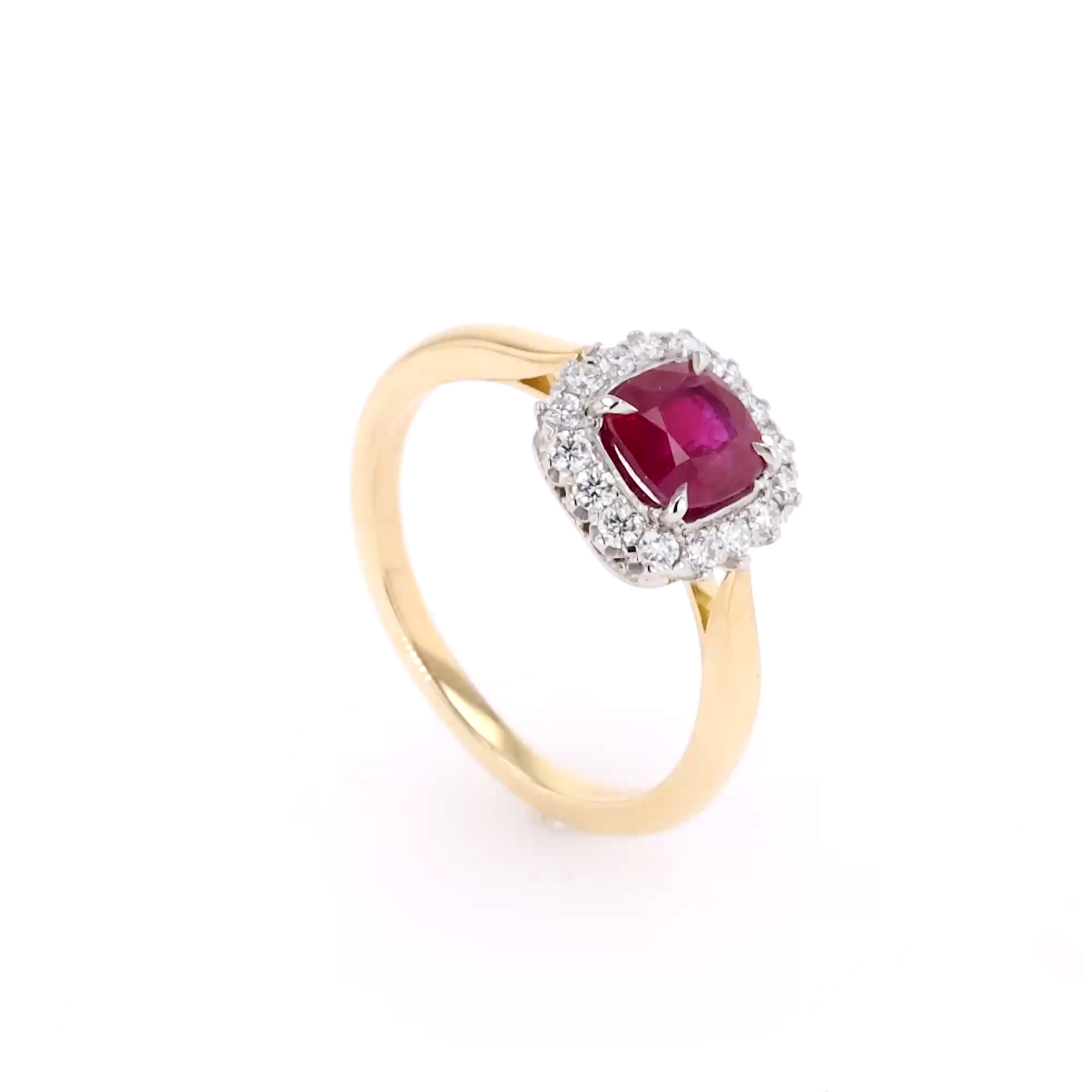 Cushion Cut 1.16ct Ruby and Diamond Cluster Ring in 18ct Yellow Gold and Platinum
