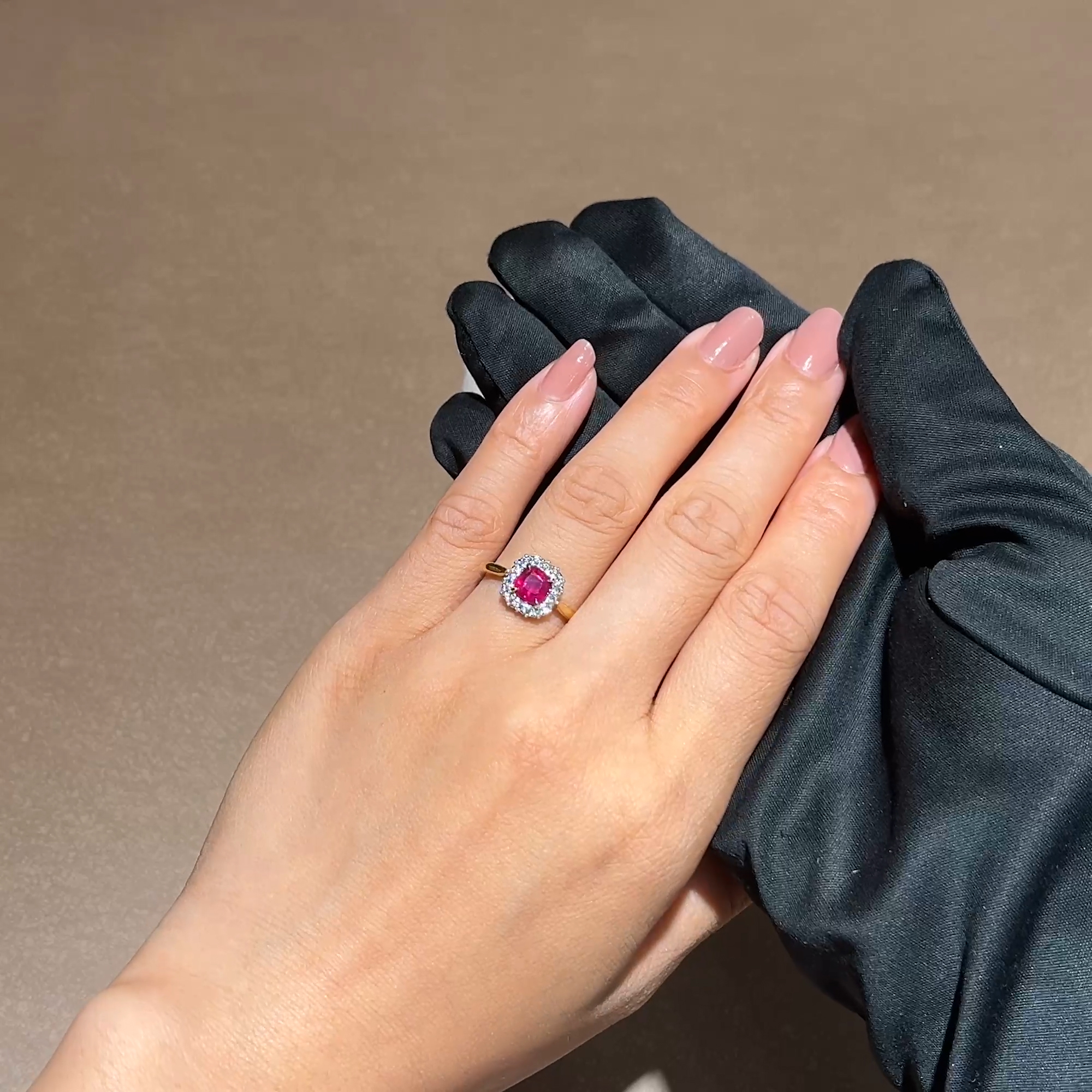 Cushion Cut 1.16ct Ruby and Diamond Cluster Ring in 18ct Yellow Gold and Platinum