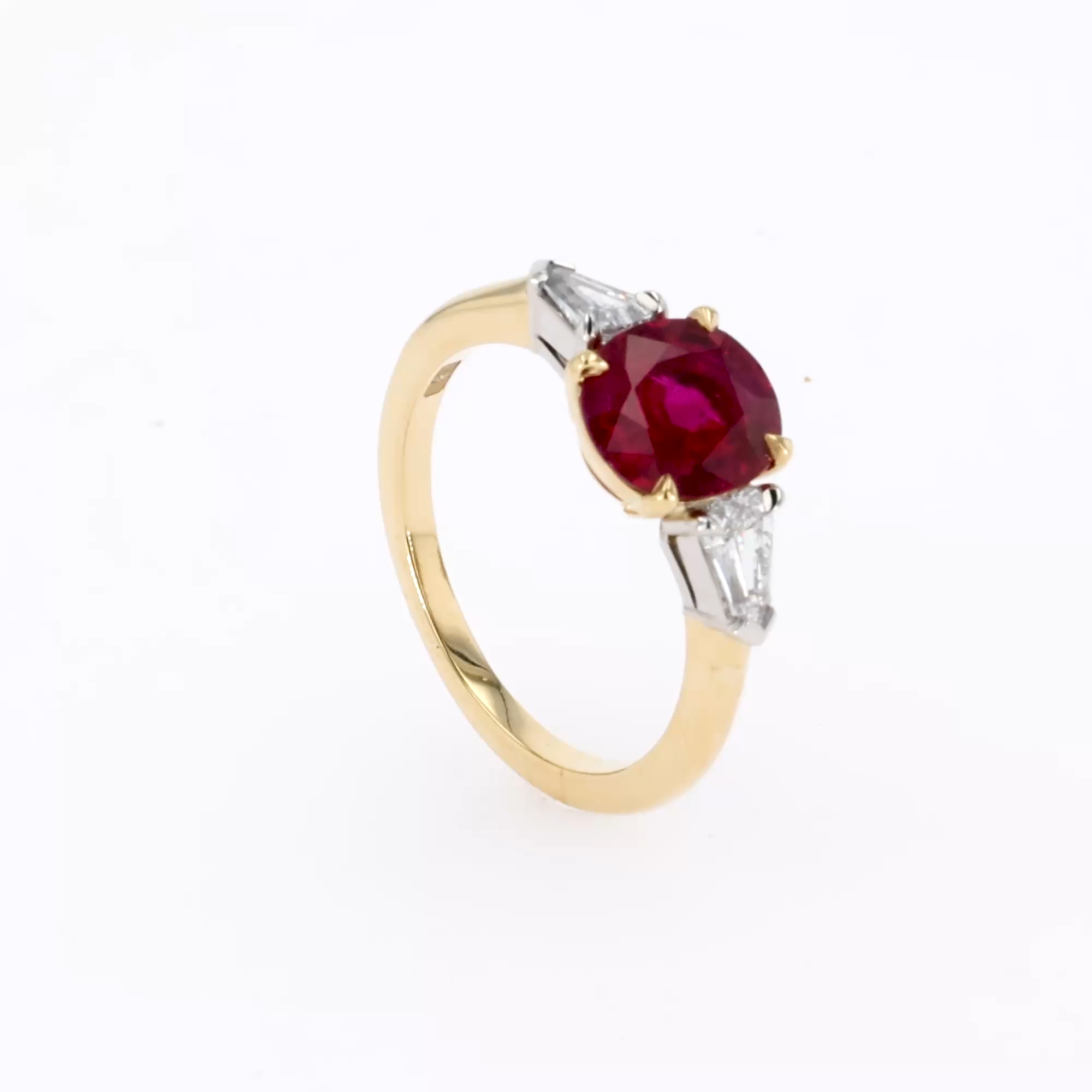 Oval Cut 2.08ct Ruby and Diamond Three Stone Ring in 18ct Yellow Gold