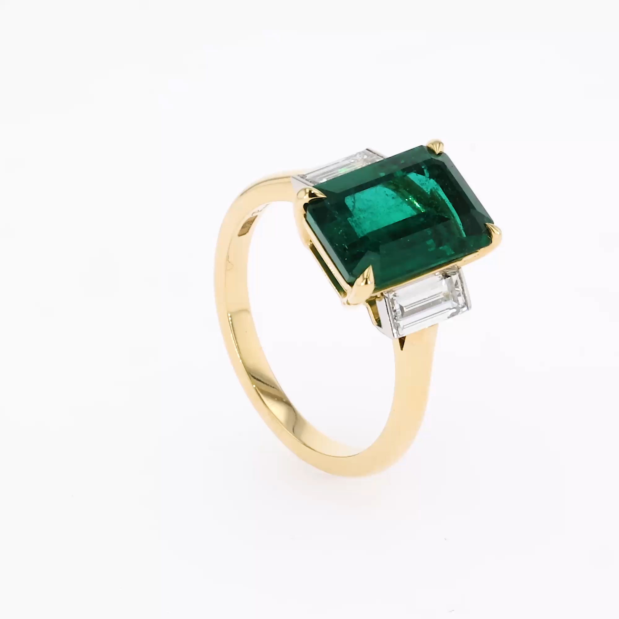 Octagonal 3.81ct Emerald and Diamond Three Stone Ring in 18ct Yellow Gold