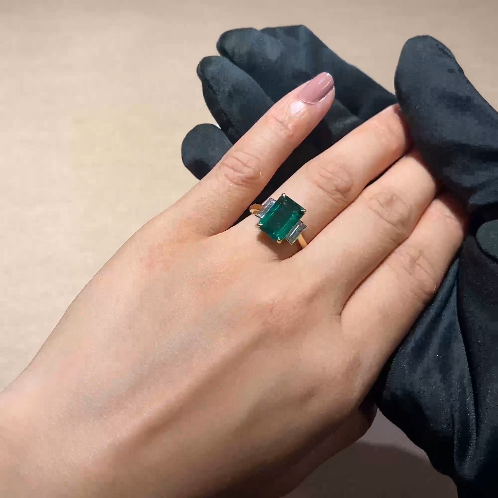 Octagonal 3.81ct Emerald and Diamond Three Stone Ring in 18ct Yellow Gold