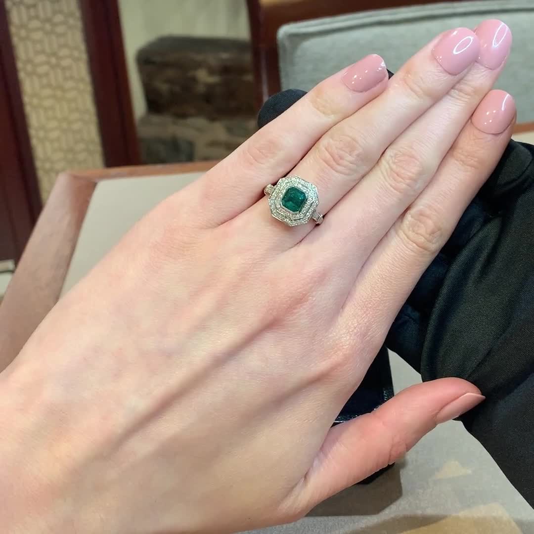 Art Deco Inspired 0.82ct Emerald and Diamond Target Ring in Platinum