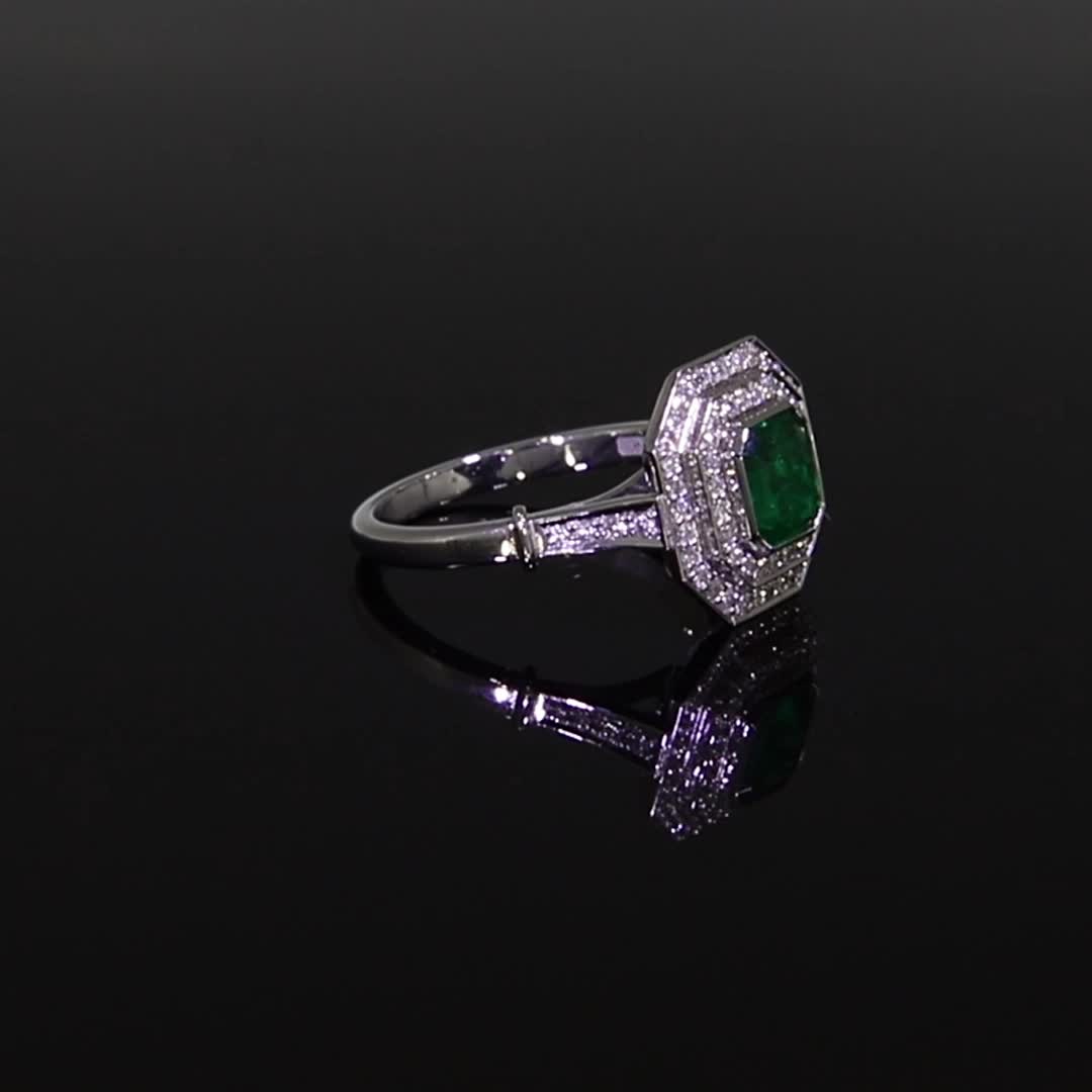 Art Deco Inspired 0.82ct Emerald and Diamond Target Ring in Platinum