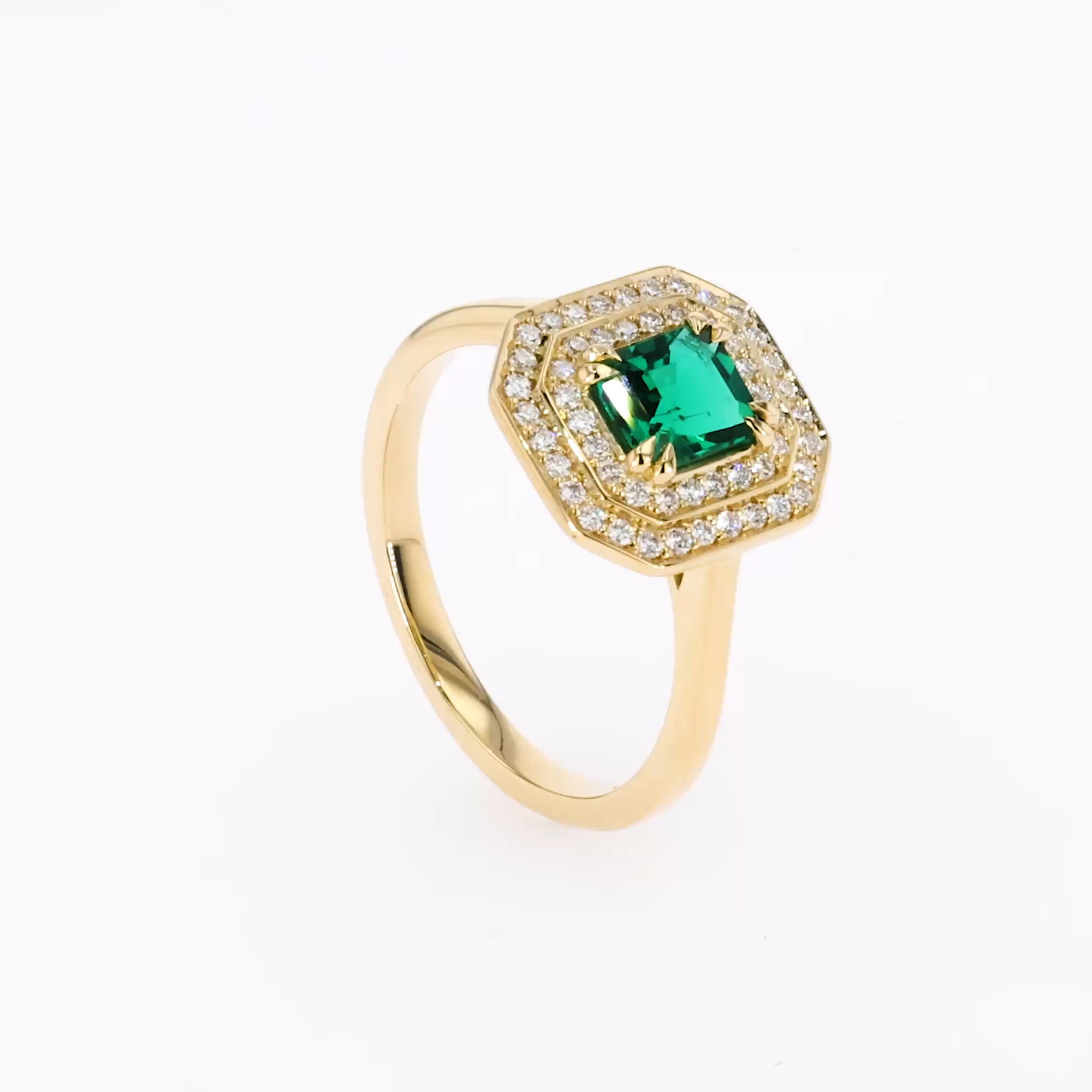 0.69ct Emerald and Diamond Double Halo Cluster Ring in 18ct Yellow Gold