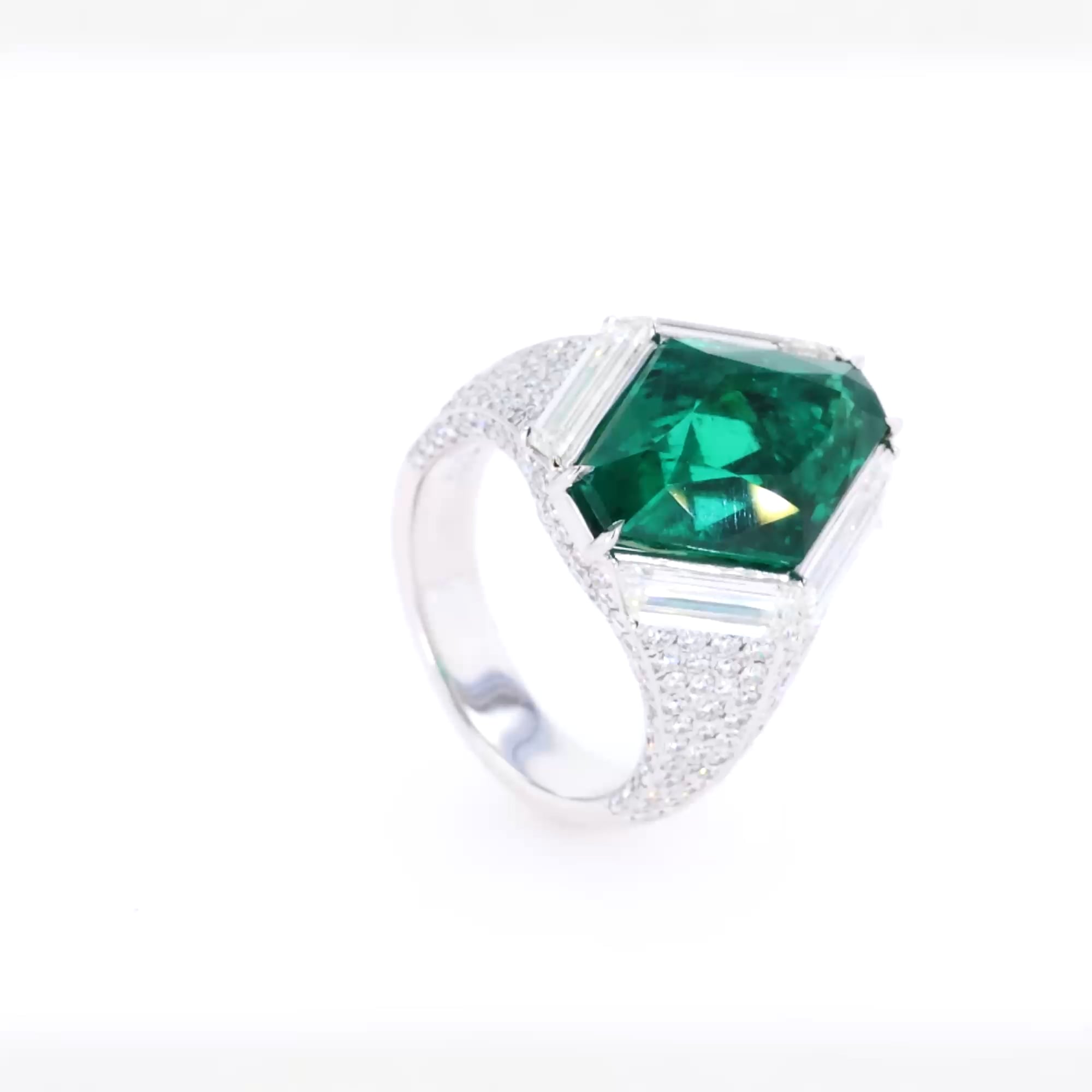 Hexagonal Cut 7.978ct Zambian Emerald and Diamond Ring in 18ct White Gold