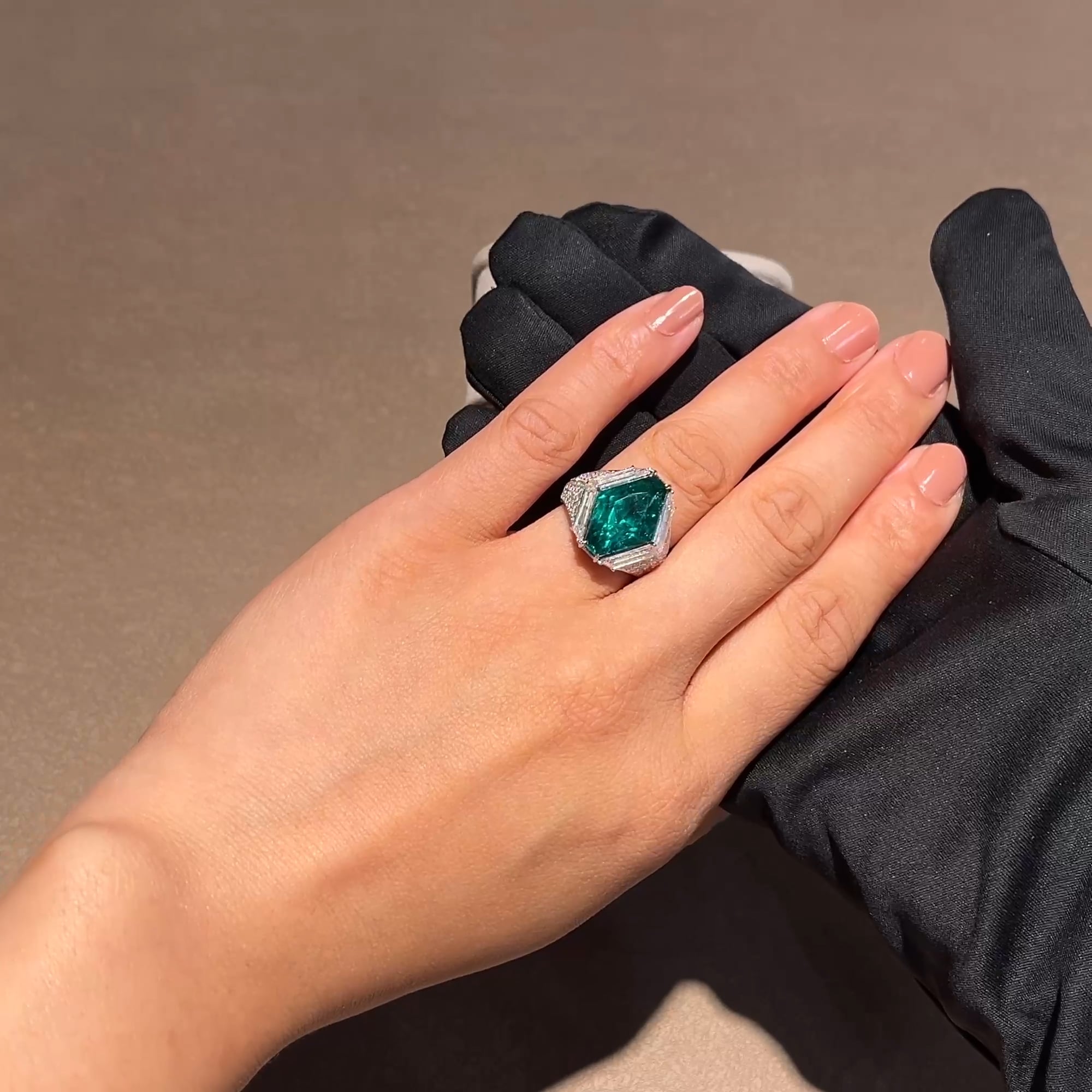 Hexagonal Cut 7.978ct Zambian Emerald and Diamond Ring in 18ct White Gold