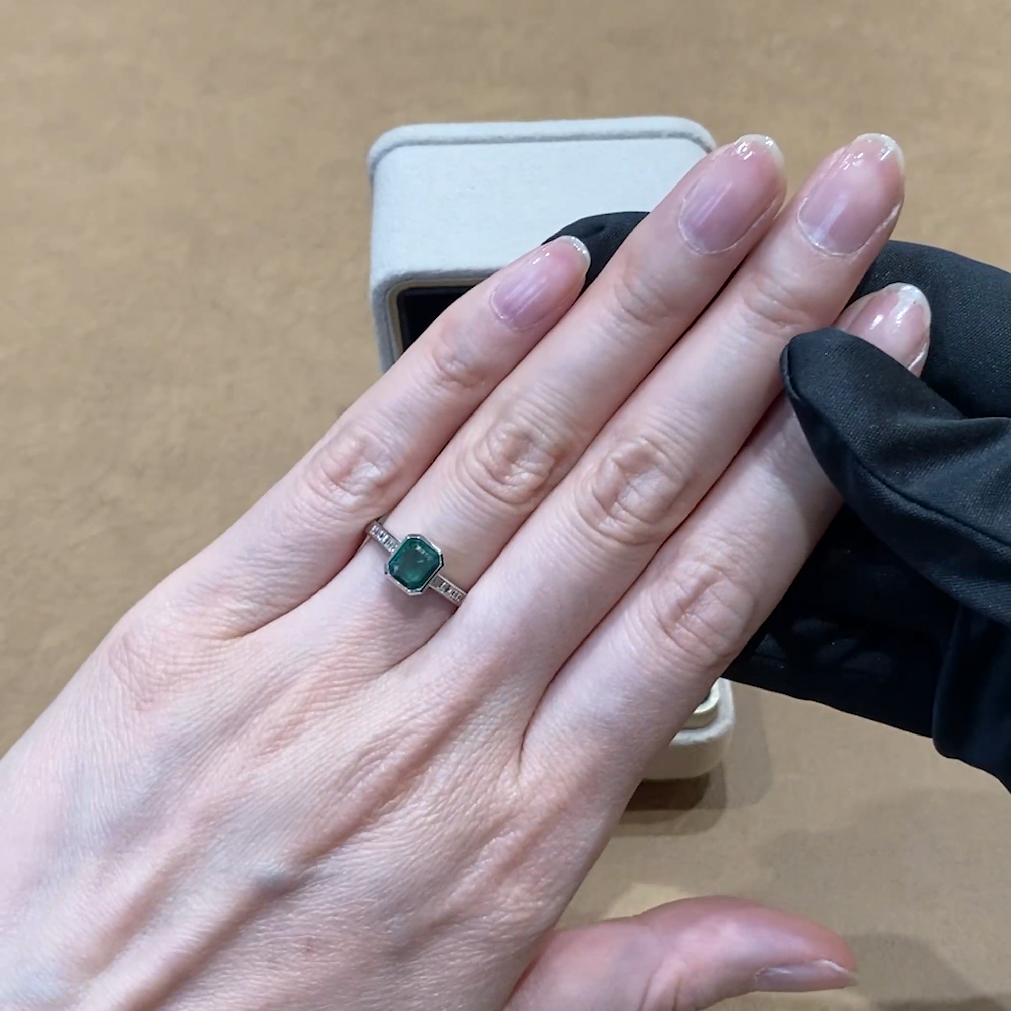 Trap Cut 0.77ct Emerald and Diamond Ring in Platinum