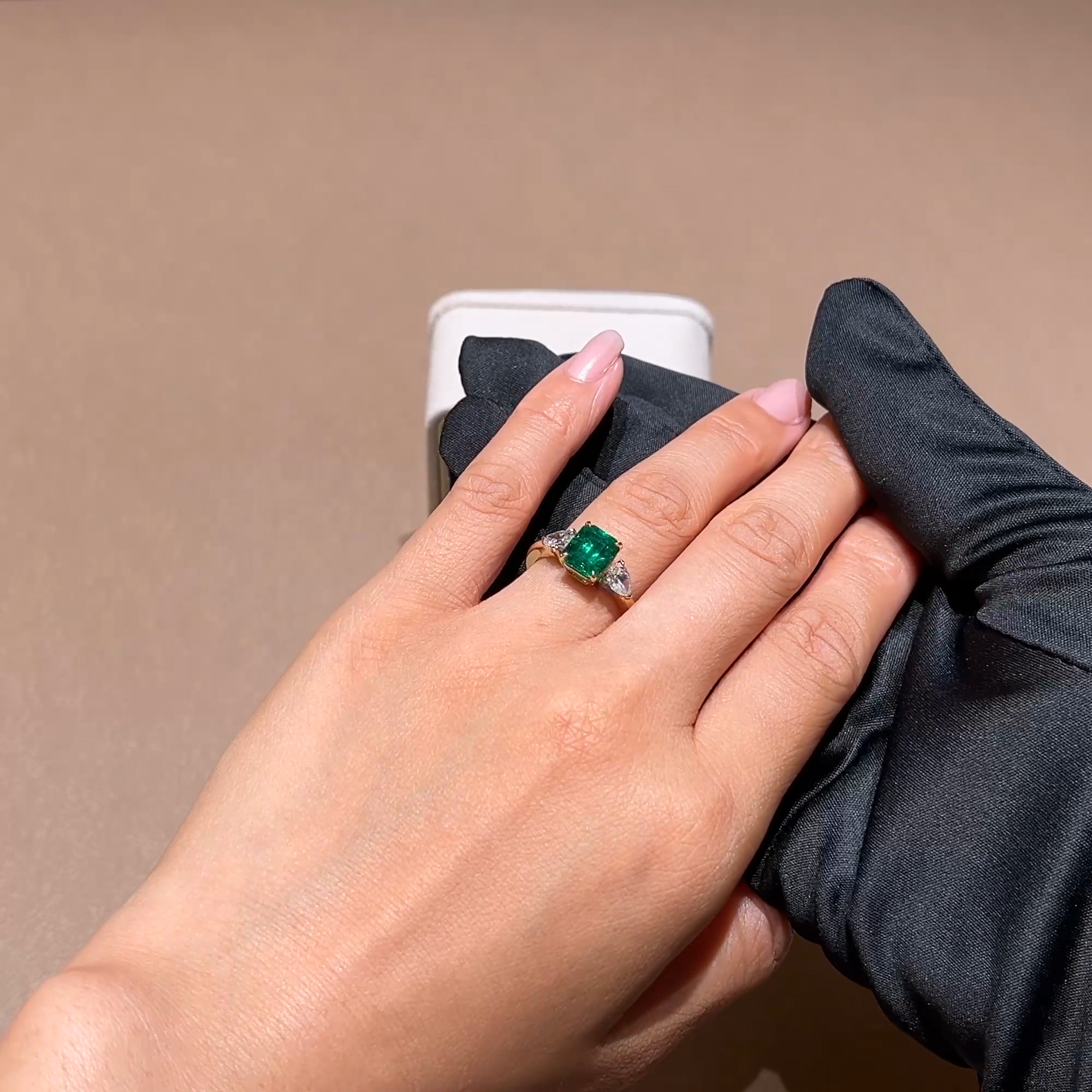 Octagon Cut 2.17ct Brazilian Emerald and Diamond Three Stone Ring in 18ct Yellow and White Gold