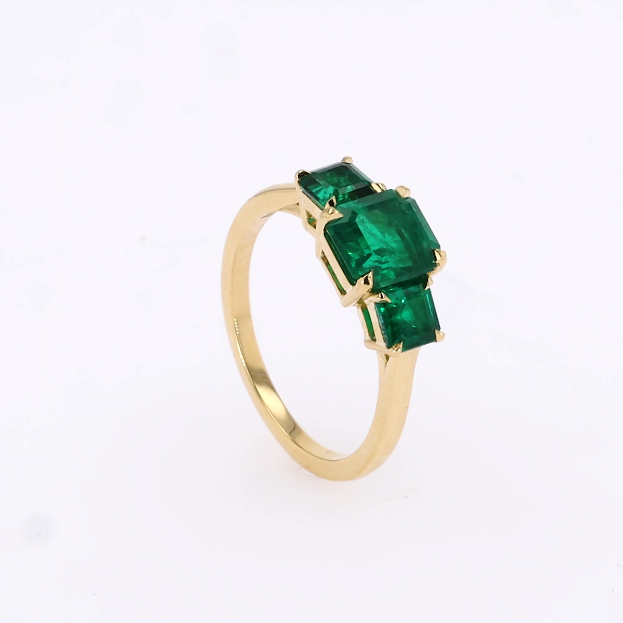 Emerald Cut 2.48ct Zambian Emerald Three Stone Ring in 18ct Yellow Gold
