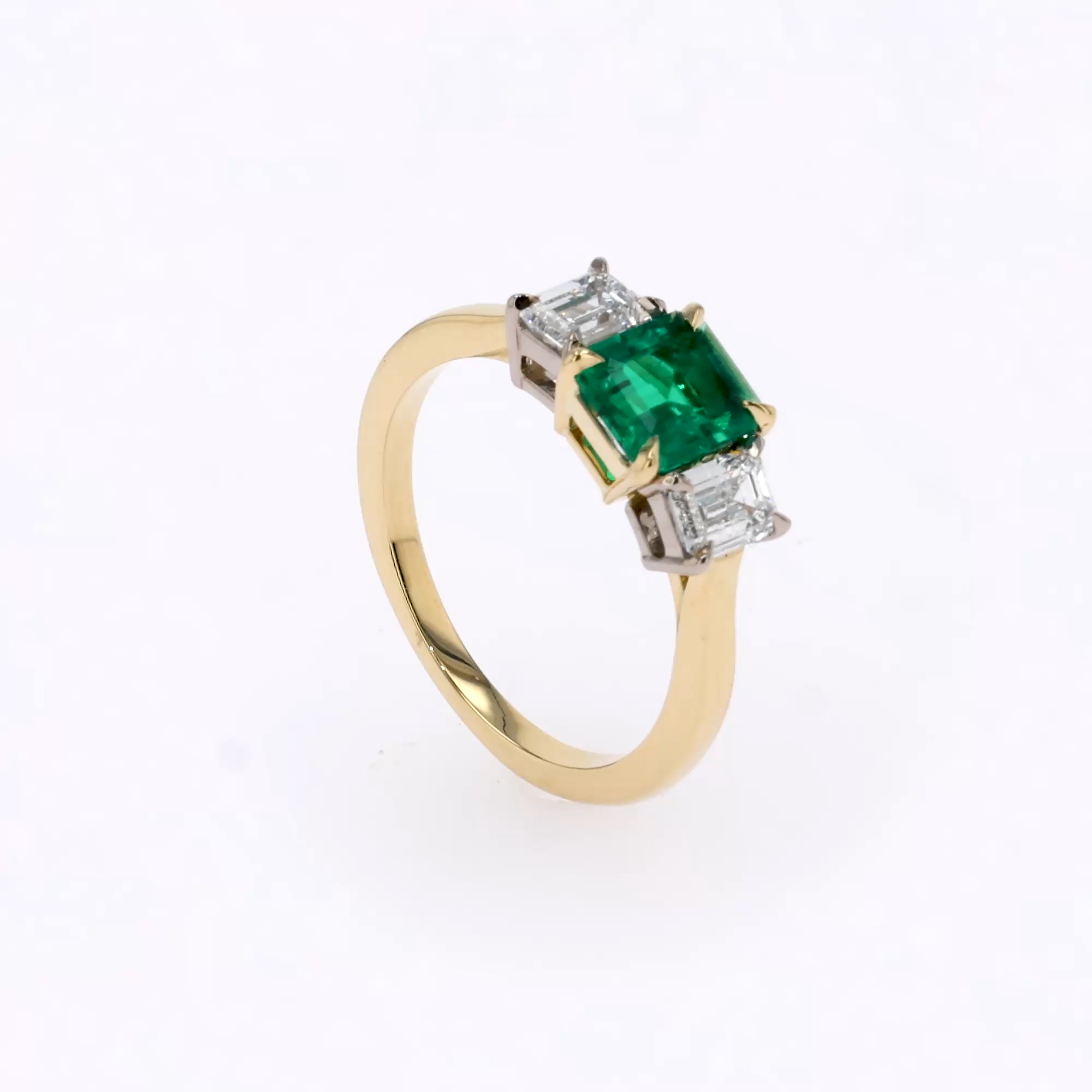 Octagon Cut 0.97ct Colombian Emerald and Diamond Three Stone Ring in 18ct Yellow Gold