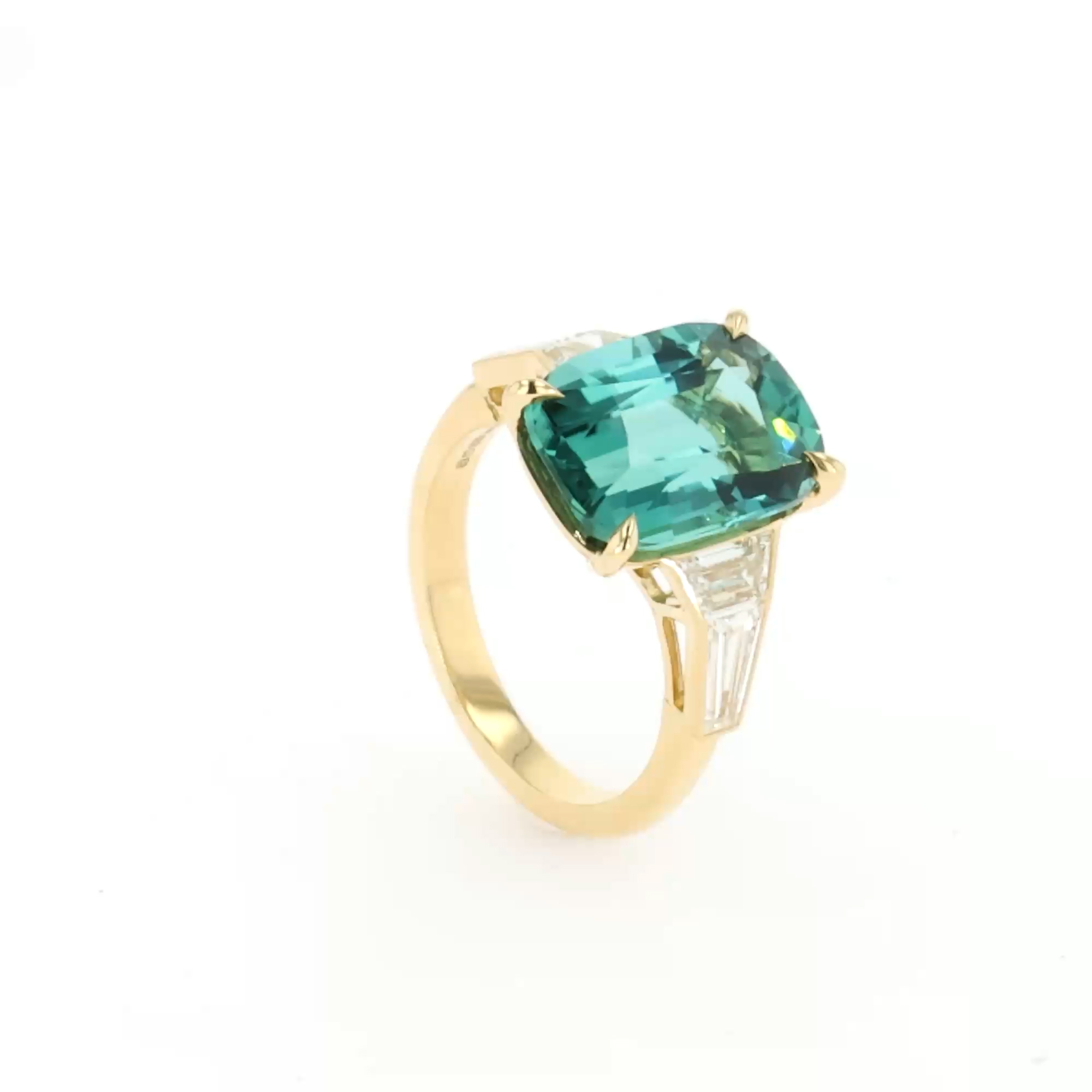 Cushion Cut 6.61ct Namibian Lagoon Tourmaline and Diamond Ring in 18ct Yellow Gold