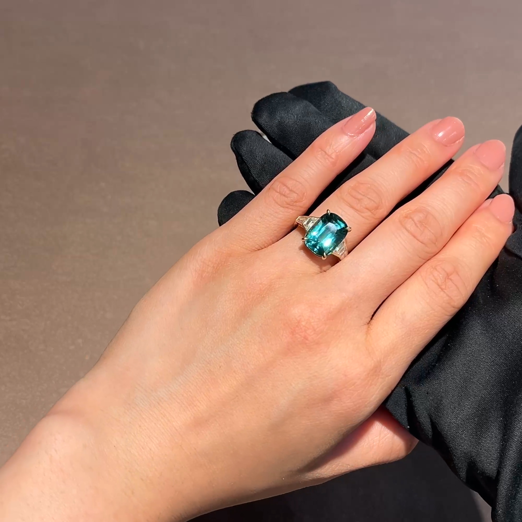 Cushion Cut 6.61ct Namibian Lagoon Tourmaline and Diamond Ring in 18ct Yellow Gold