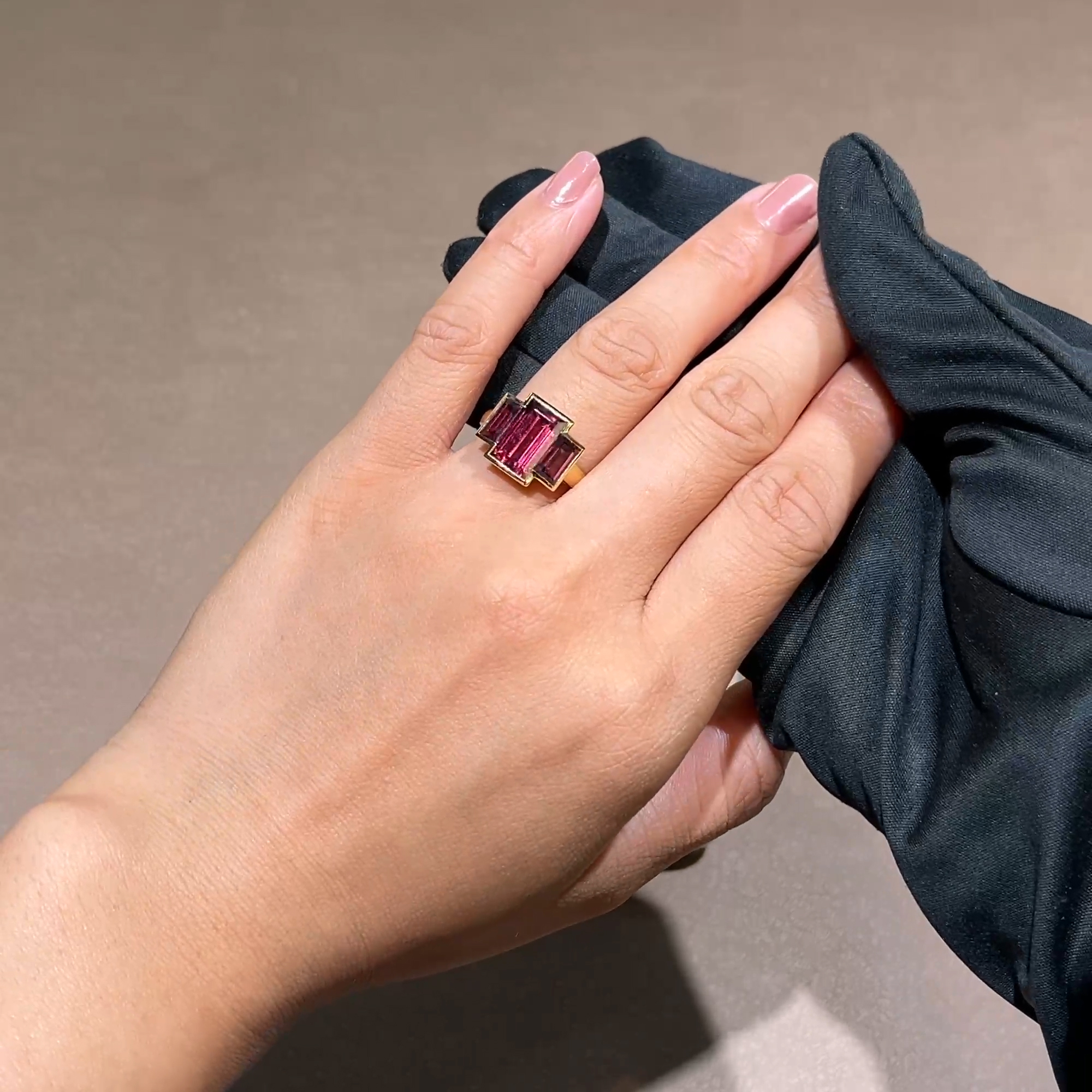 Kingdom 5.95ct Rhodolite Garnet Three Stone Ring in 18ct Yellow Gold