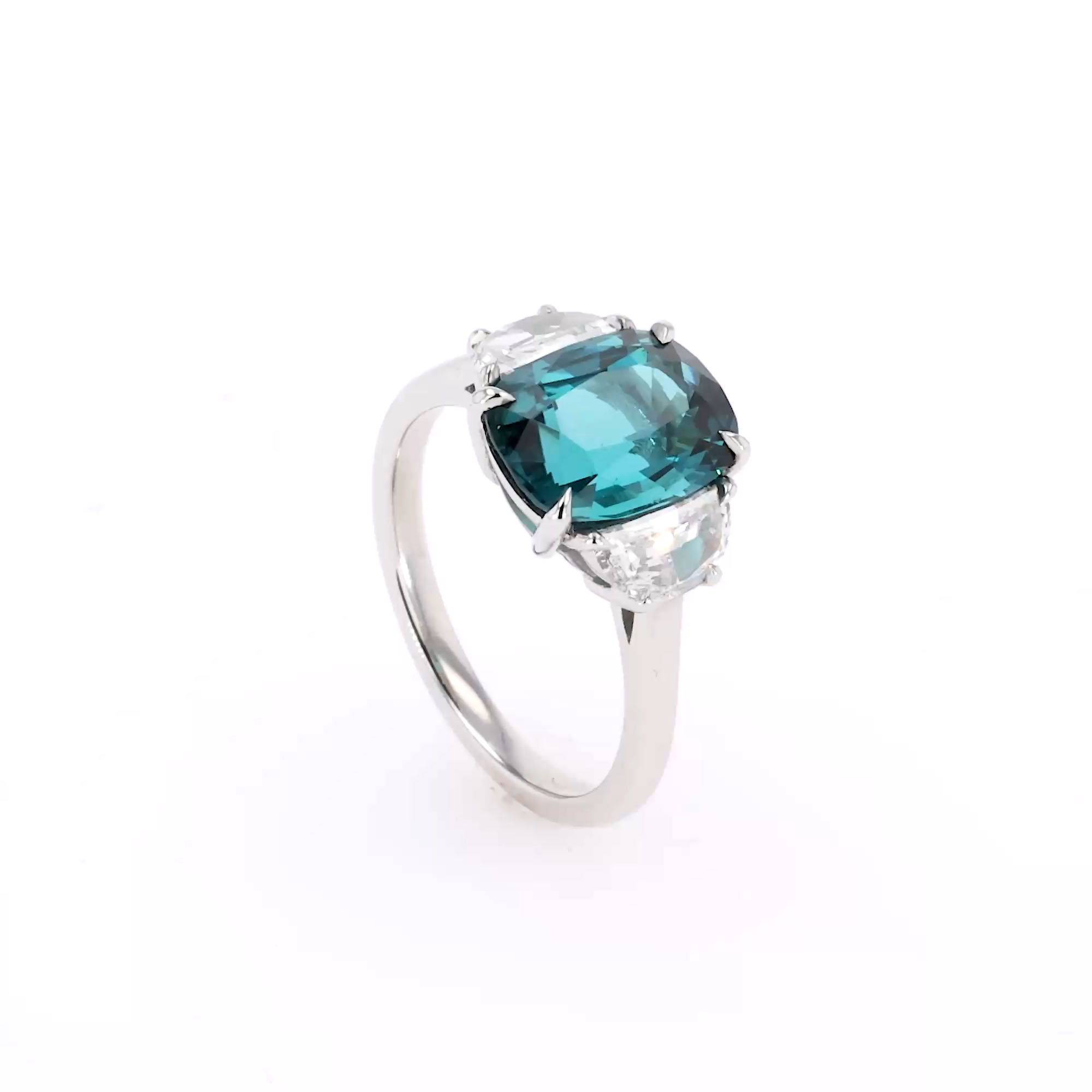 Cushion Cut 3.18ct Lagoon Tourmaline and Diamond Ring in Platinum