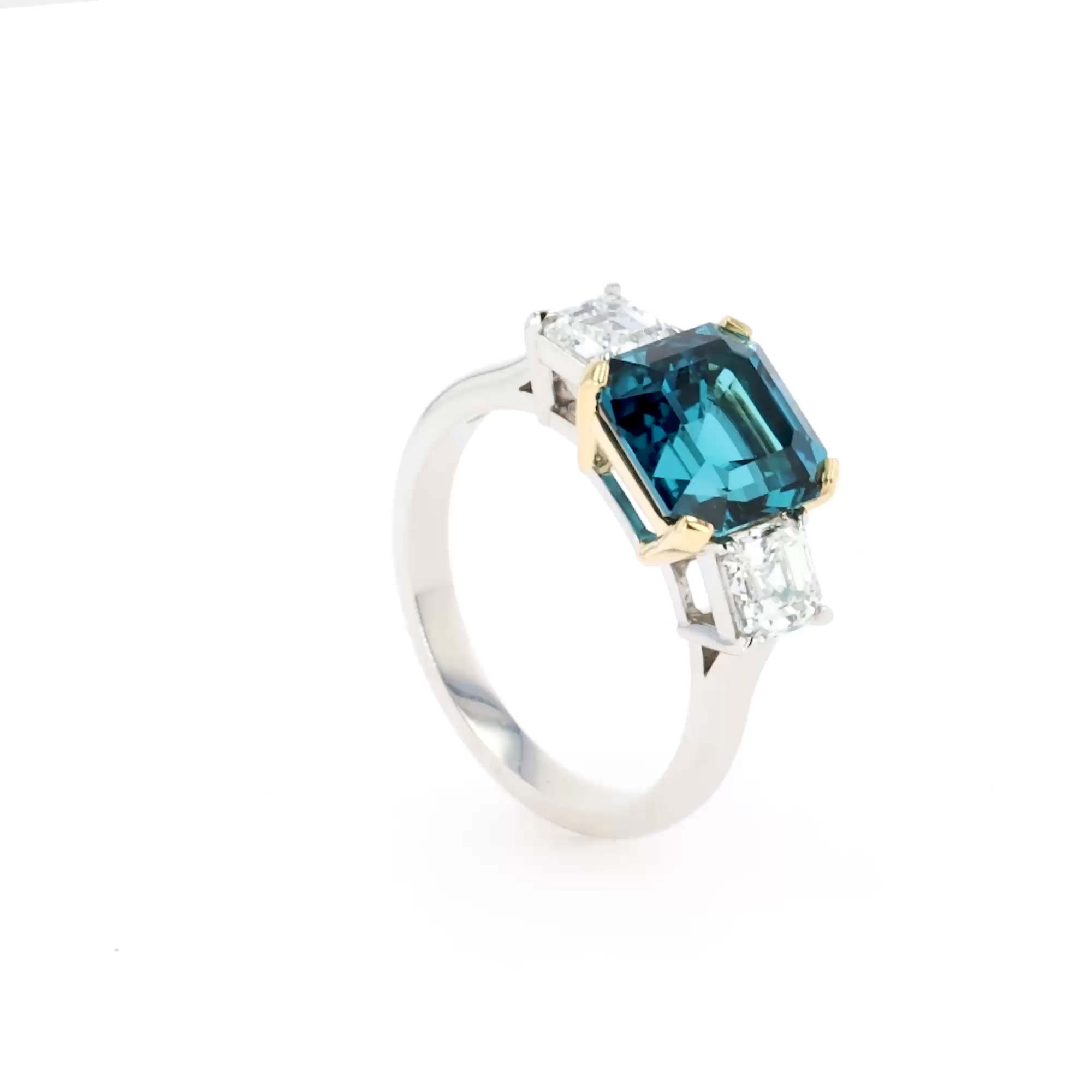 Asscher Cut 3.71ct Namibian Lagoon Tourmaline and Diamond Ring in Platinum and 18ct Yellow Gold