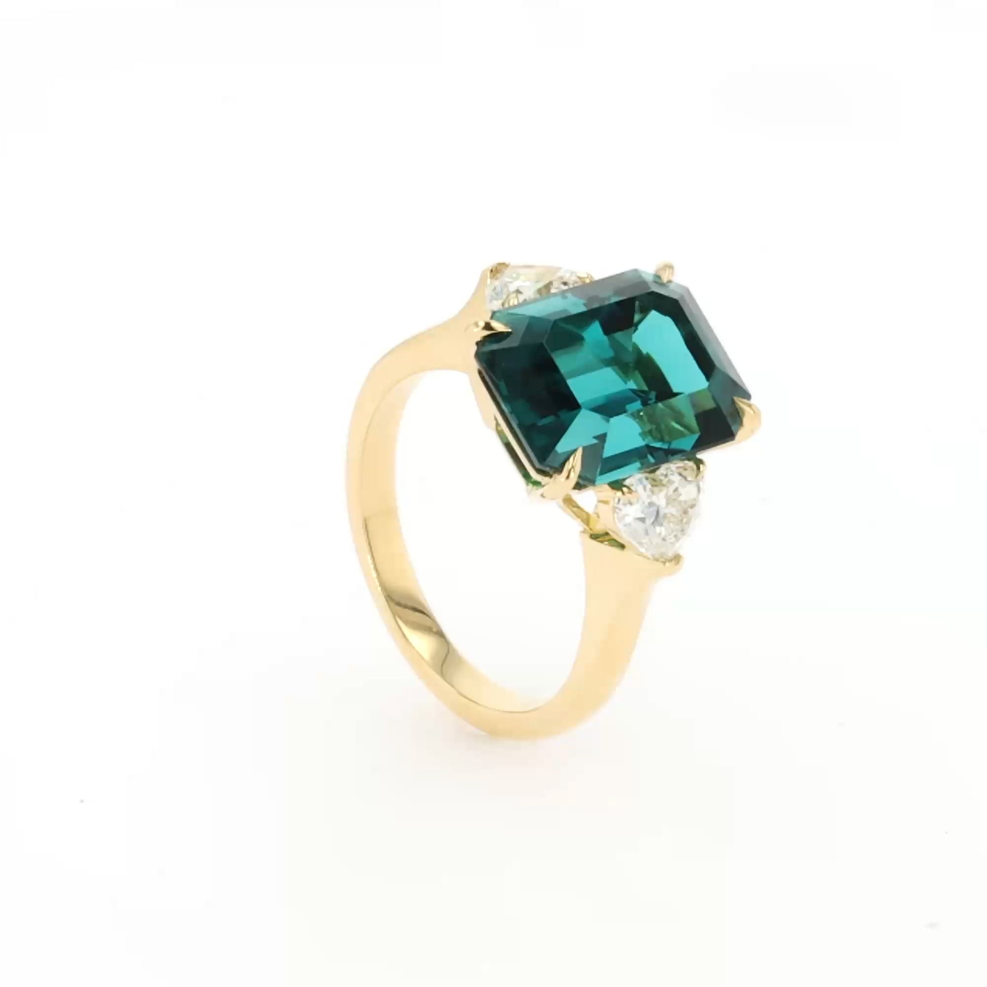 Venus Setting Emerald Cut 8.08ct Namibian Indicolite Tourmaline and Diamond Ring in 18ct Yellow Gold