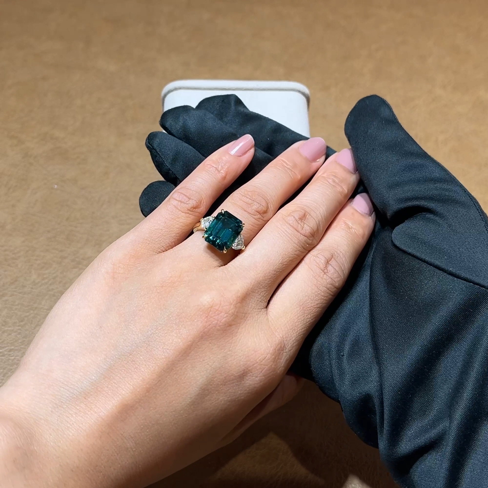 Venus Setting Emerald Cut 8.08ct Namibian Indicolite Tourmaline and Diamond Ring in 18ct Yellow Gold