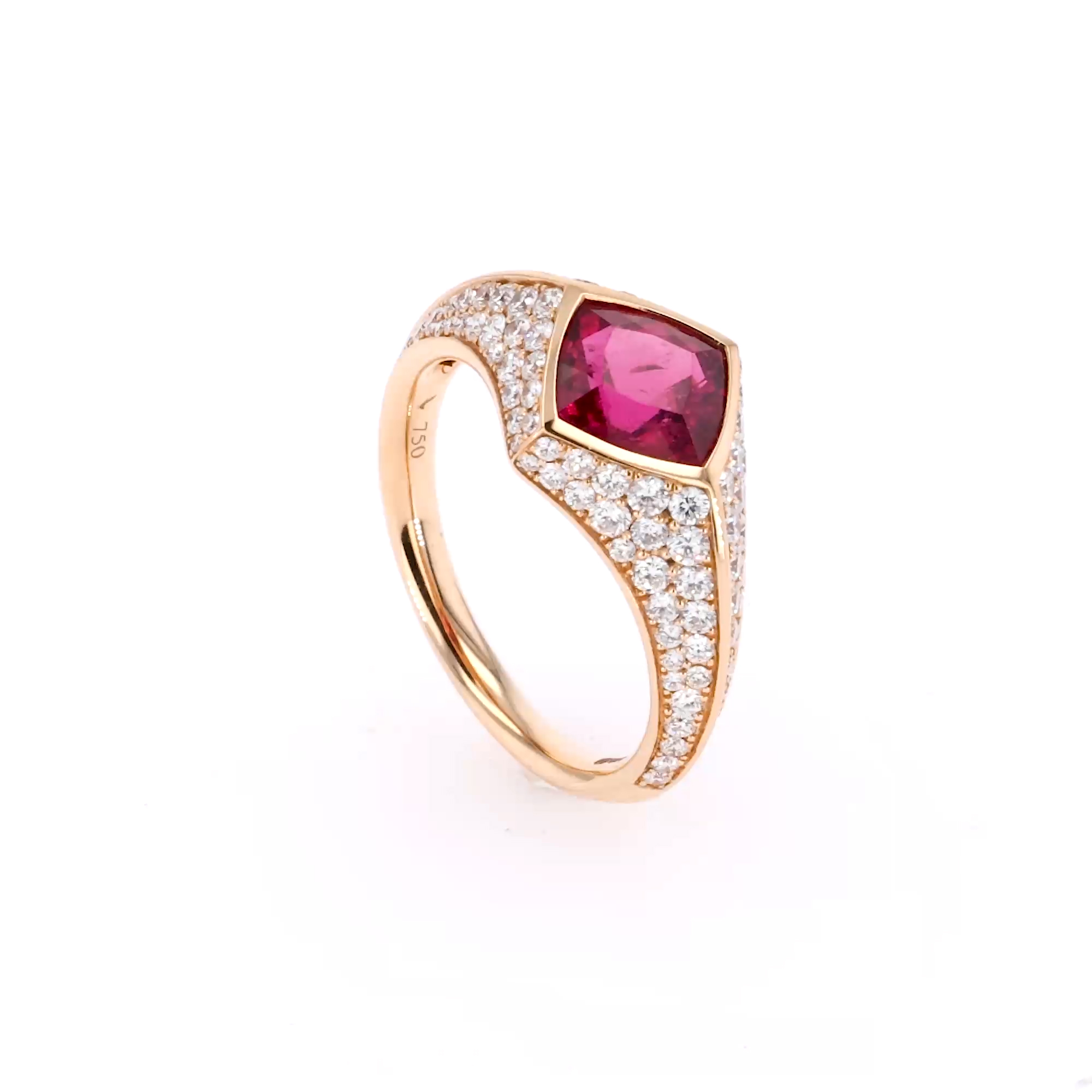 Square Cut 1.58ct Rubellite and Diamond Ring in 18ct Rose Gold